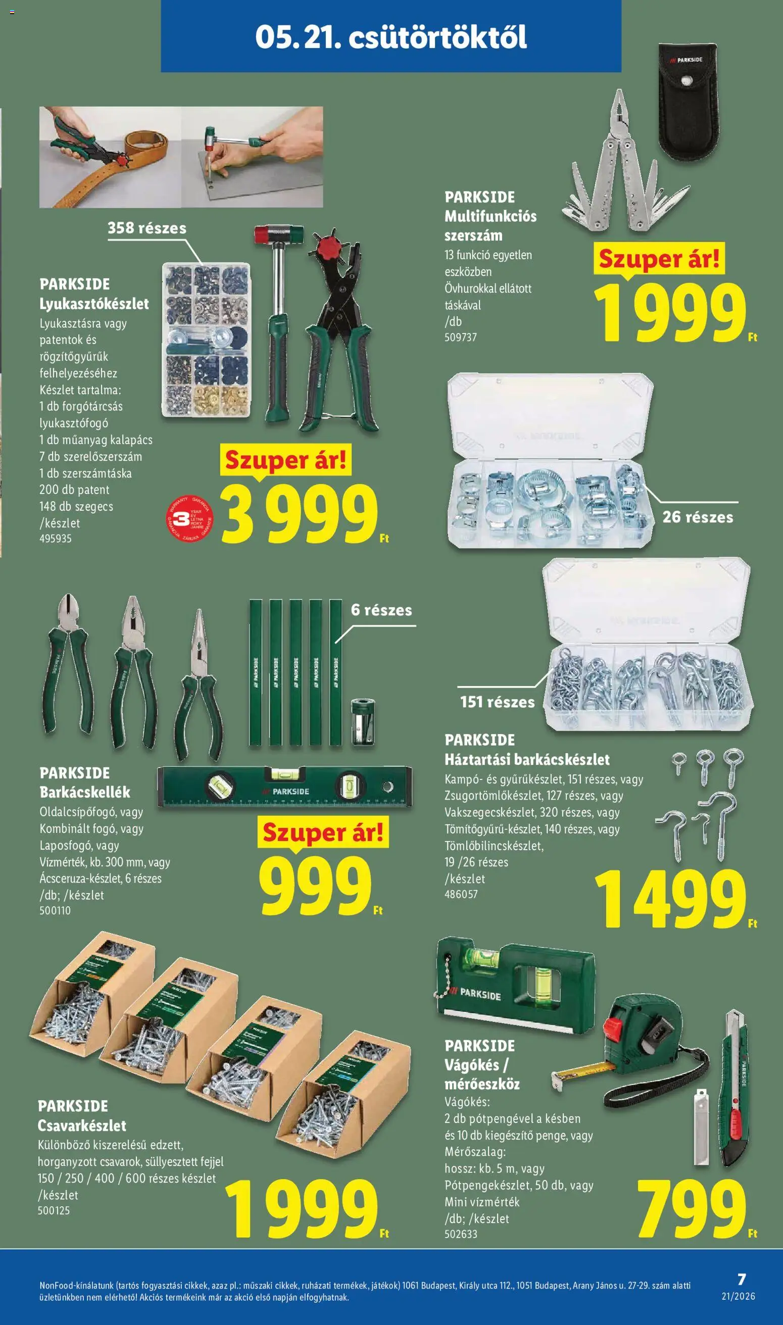 Lidl akciós ujság - amely érvényes a következő dátumtól: 21.05.2026 | Oldal: 7 | Termékek: Kalapács, Parkside, Játékok
