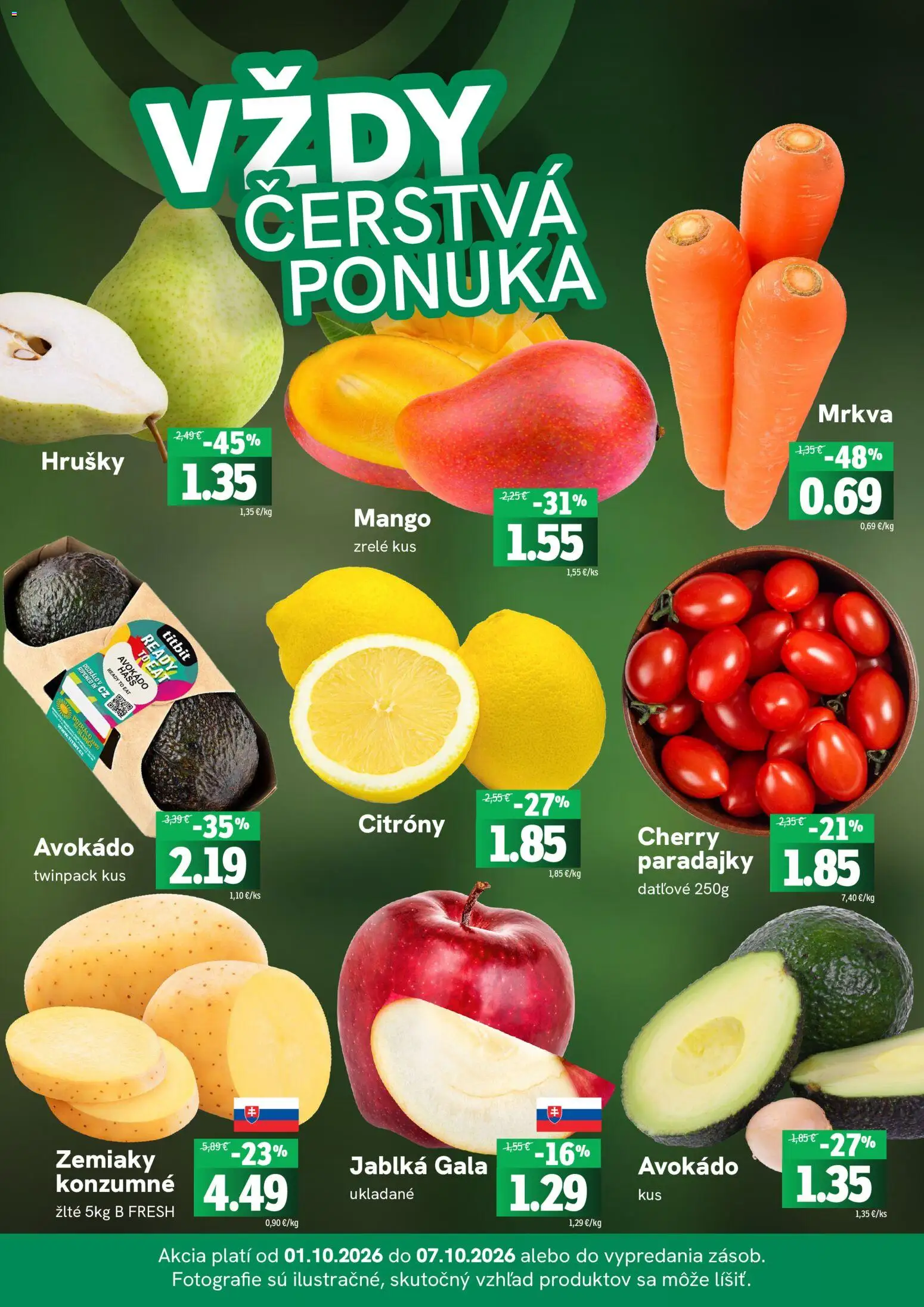 Nové Fresh akcie – leták je platný od 01.10.2026 | Strana: 3 | Produkty: Paradajky, Mrkva, Avokádo, Zemiaky
