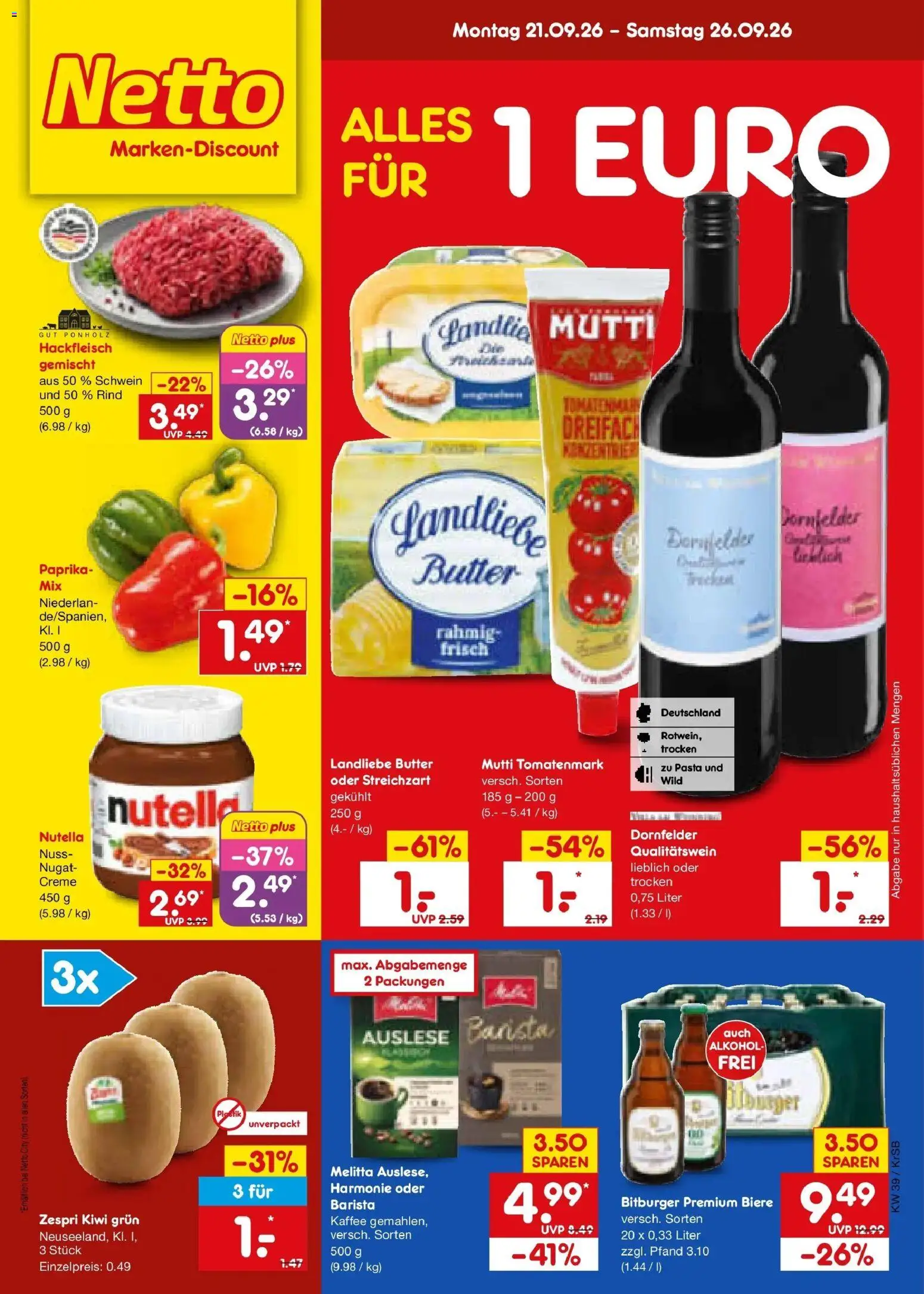 Netto Marken-Discount Prospekt Baesweiler – gültig ab 21.09.2026 | Seite: 1 | Produkte: Melitta, Landliebe butter, Creme, Nutella