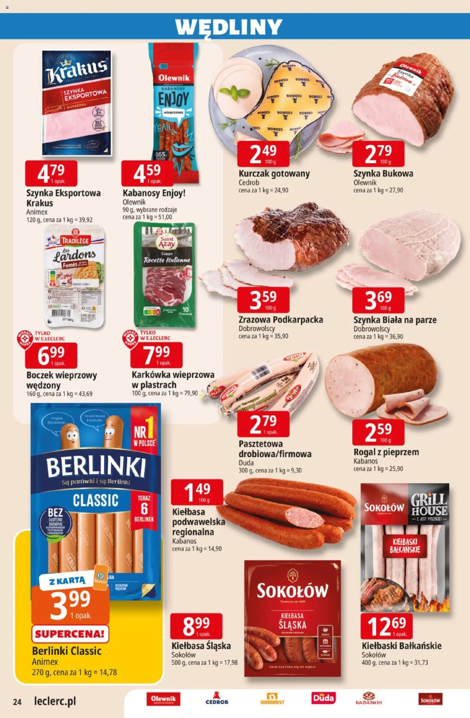 E.Leclerc gazetka od 08.04.2026 | Strona: 24 | Produkty: Boczek wieprzowy, Parówki, Kiełbaski, Boczek