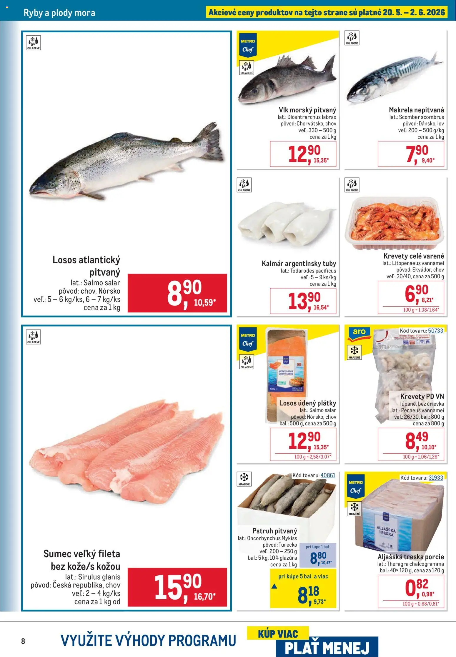 Nové Metro akcie – leták je platný od 20.05.2026 | Strana: 8 | Produkty: Krevety, Ryby, Losos, Treska