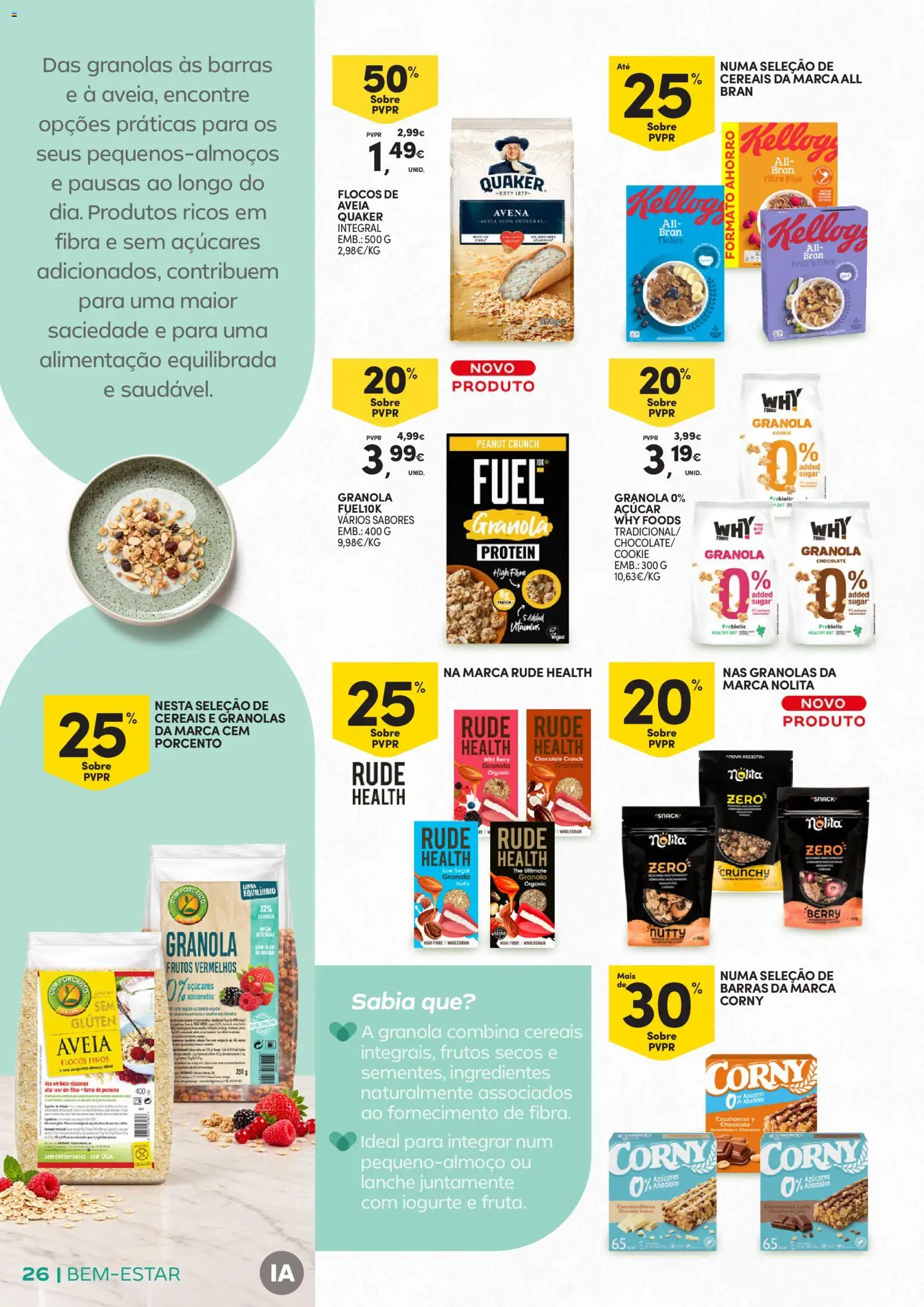 Continente Bem-Estar Assim toda a gente come melhor │ válido de 20/10/2026 | Página: 26 | Produtos: Granola, Chocolate, Cereais, Proteina