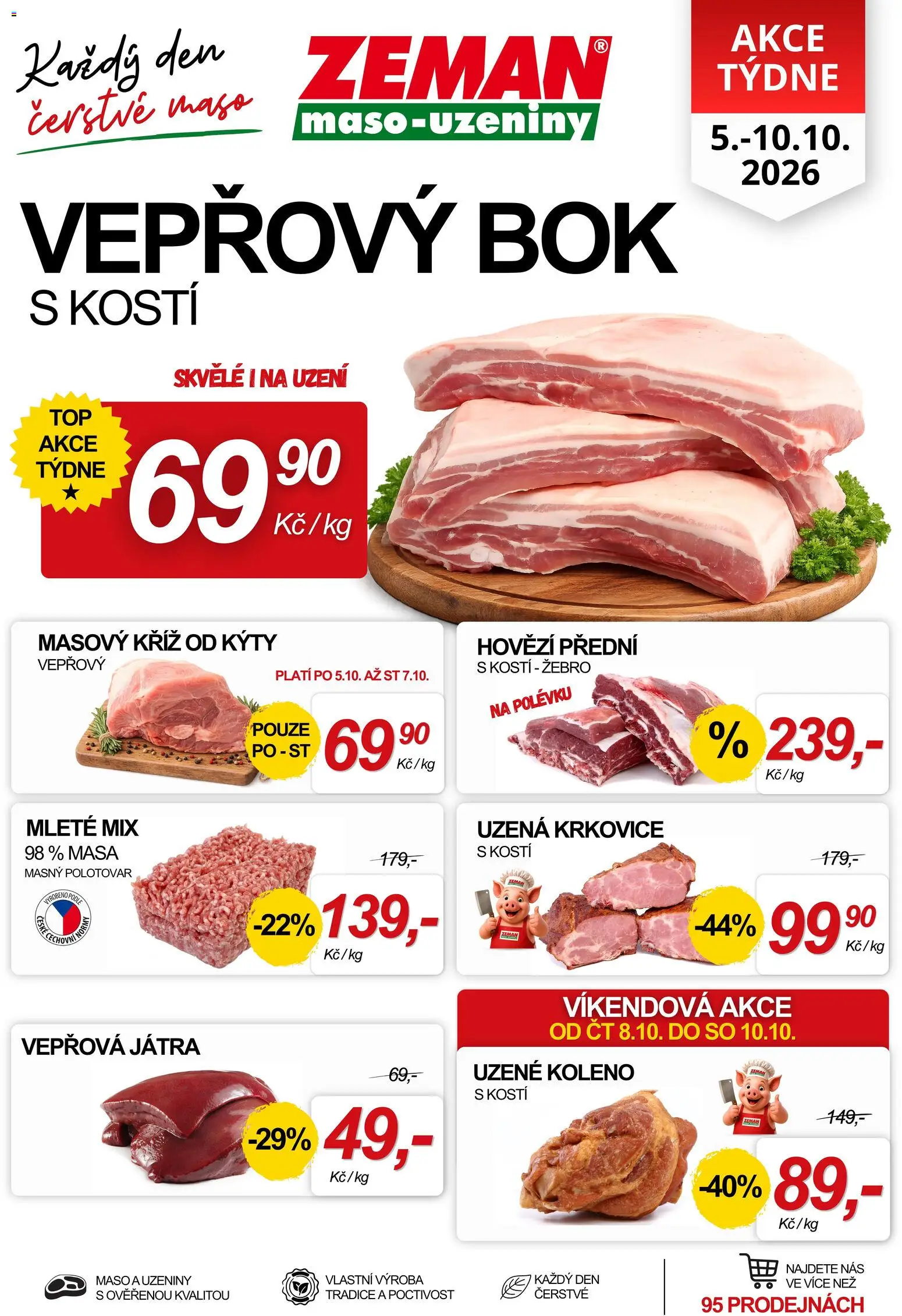 Prodejny Zeman leták od 05.10.2026 | Strana: 1 | Produkty: Hovězí přední, Maso, Uzené koleno, Játra