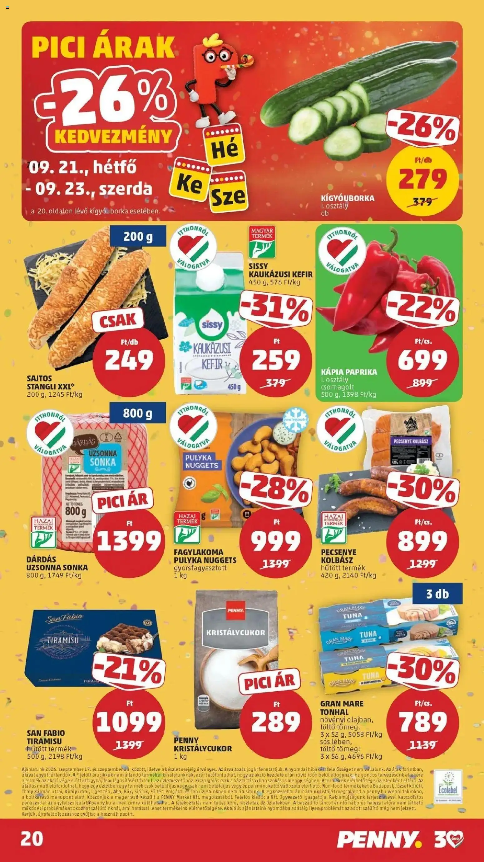 PENNY aktuális akciós újság: 2026.09.17.-tól lapozható | Oldal: 20 | Termékek: Tiramisu, Tonhal, Kígyóuborka, Kaukázusi kefír