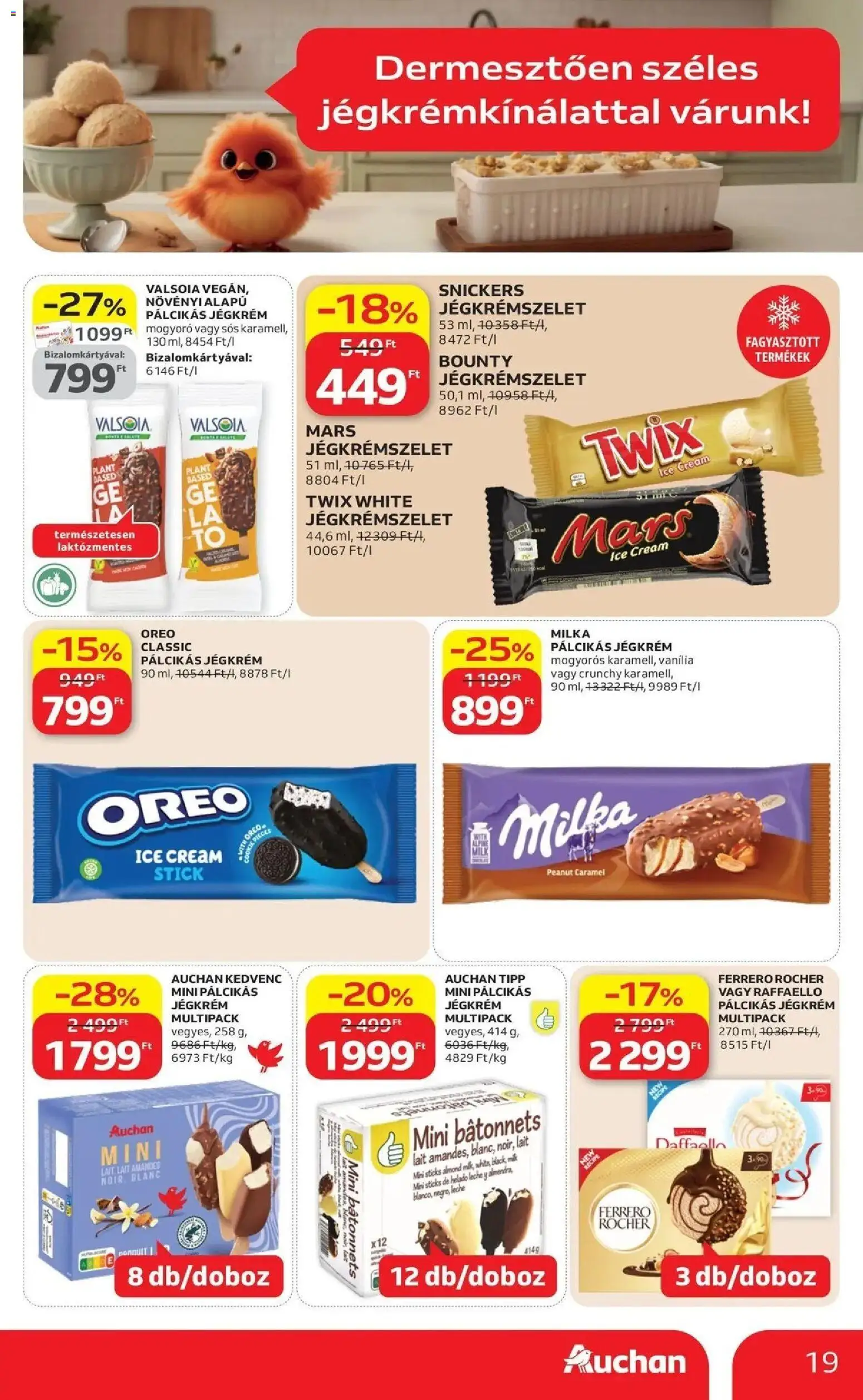Auchan akciós ujság - amely érvényes a következő dátumtól: 09.04.2026 | Oldal: 19 | Termékek: Raffaello, Mogyoró, Snickers, Pálcikás jégkrém