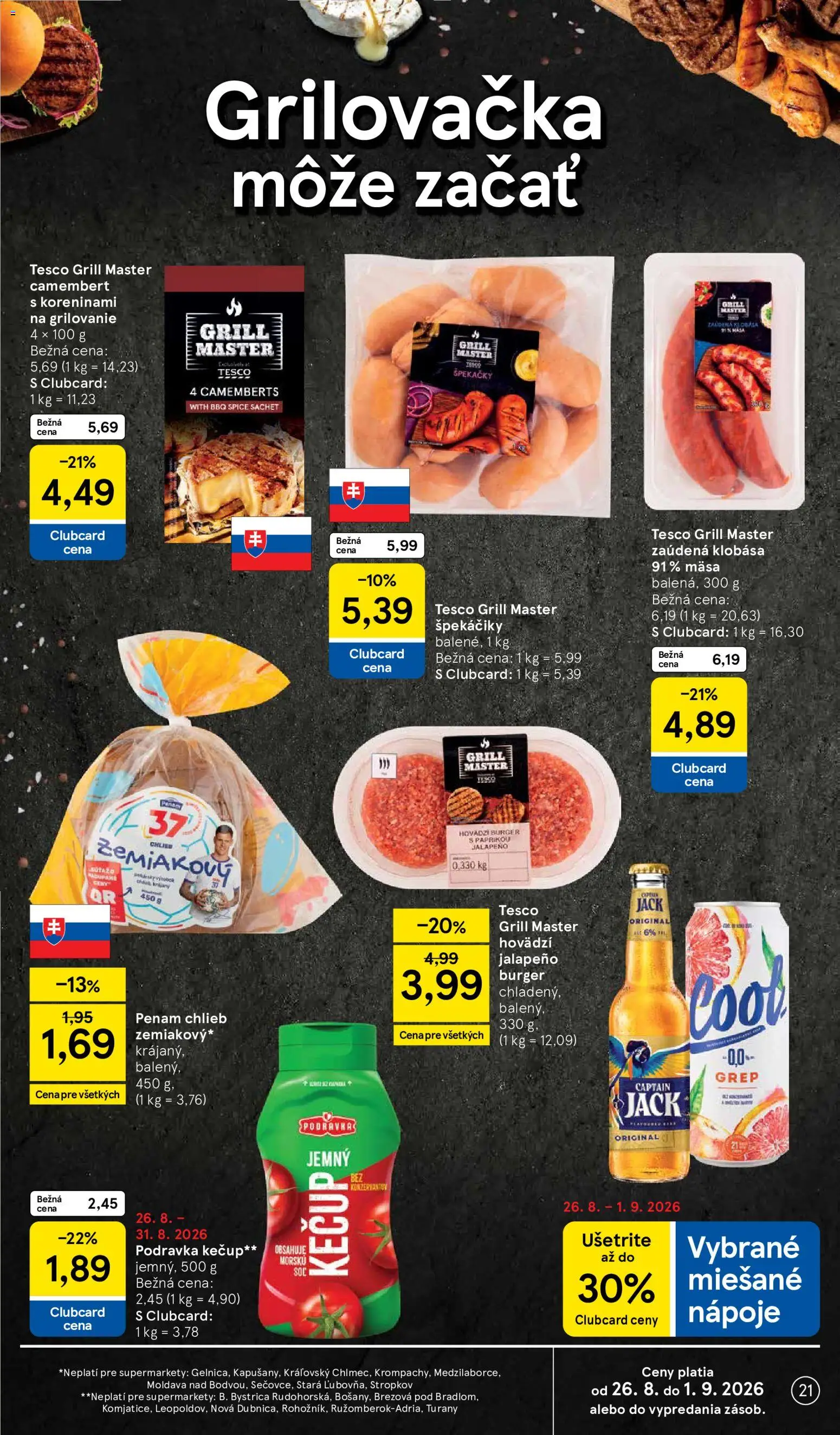 Nové Tesco akcie – leták je platný od 26.08.2026 | Strana: 21 | Produkty: Chlieb, Kečup, Grep, Špekáčiky