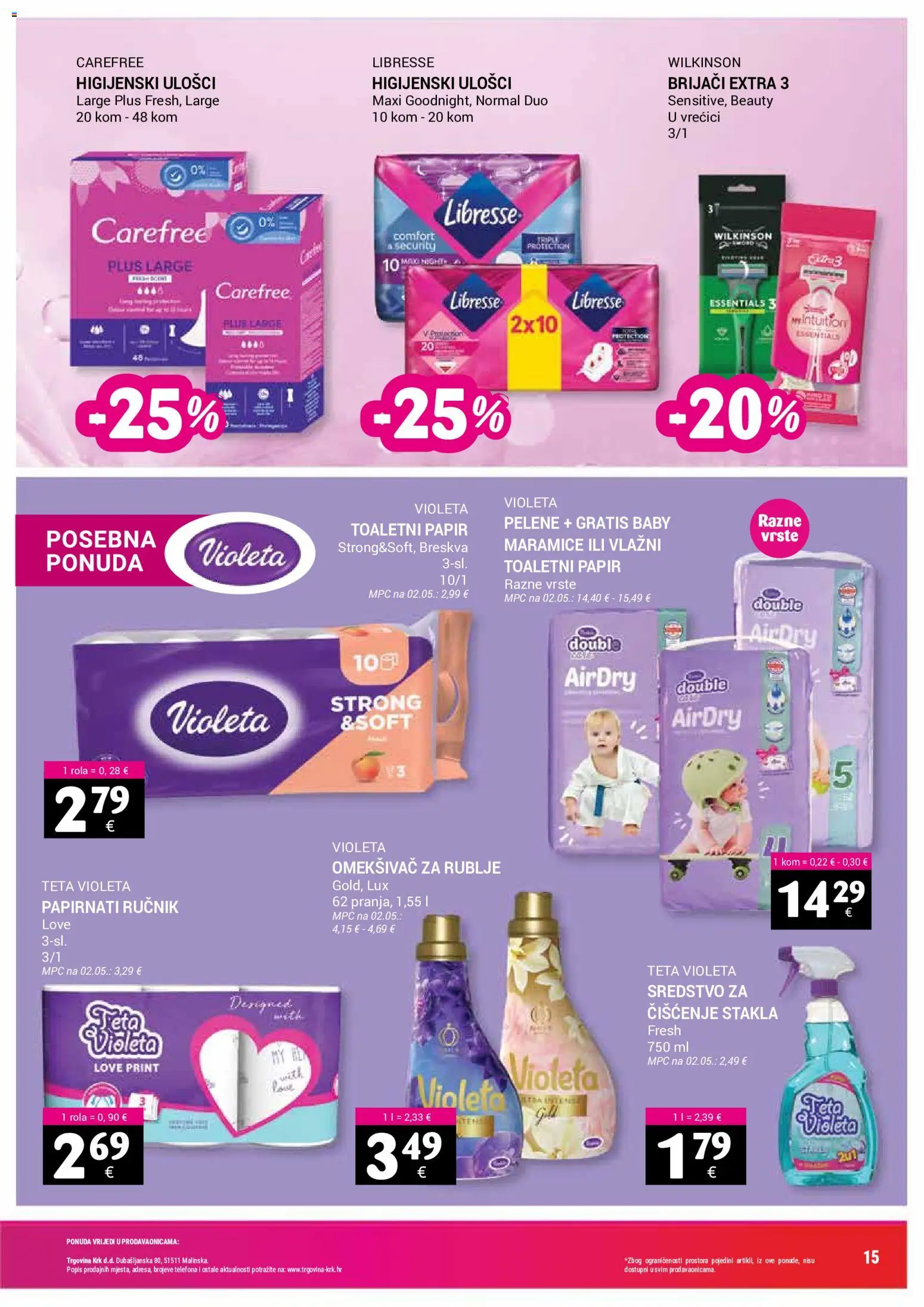 Trgovina Krk katalog | vrijedi od 01.08.2026 | Stranica: 15 | Proizvodi: Omekšivač, Ručnik, Violeta, Libresse