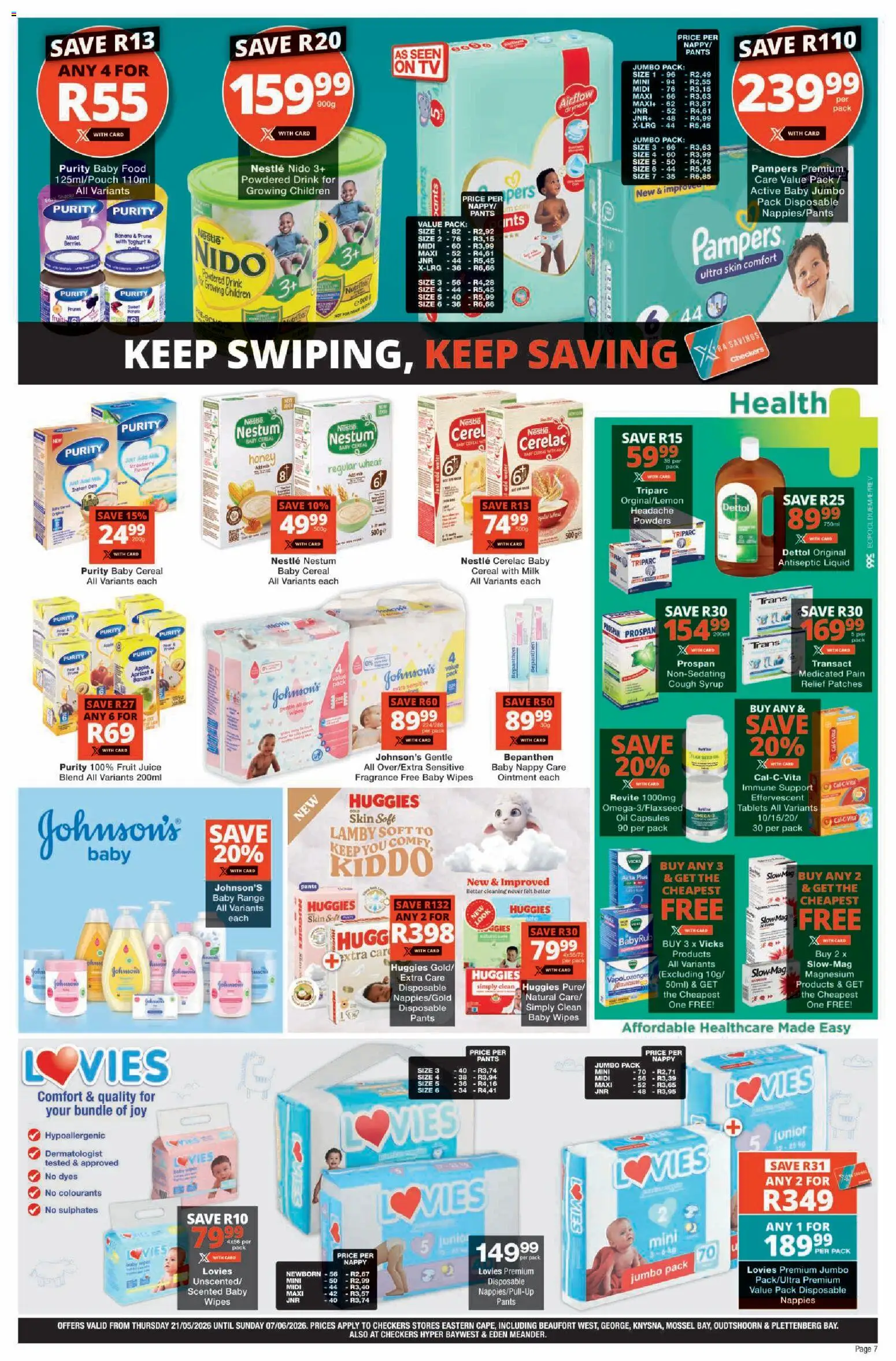 New Checkers catalogue – valid from 21.05.2026 | Page: 7 | Products: Pants, Yoghurt, Cough syrup, Juice