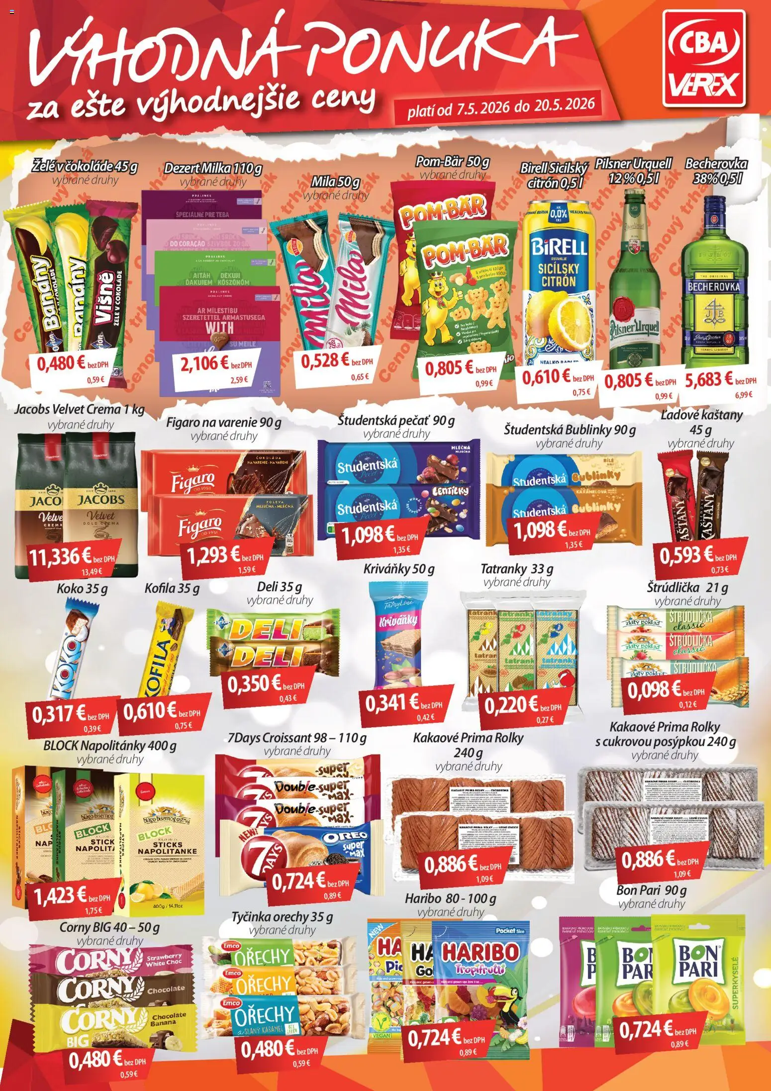 Nové CBA Verex akcie – leták je platný od 07.05.2026 | Strana: 1 | Produkty: Jacobs Velvet, Pilsner Urquell, Orechy, Mila