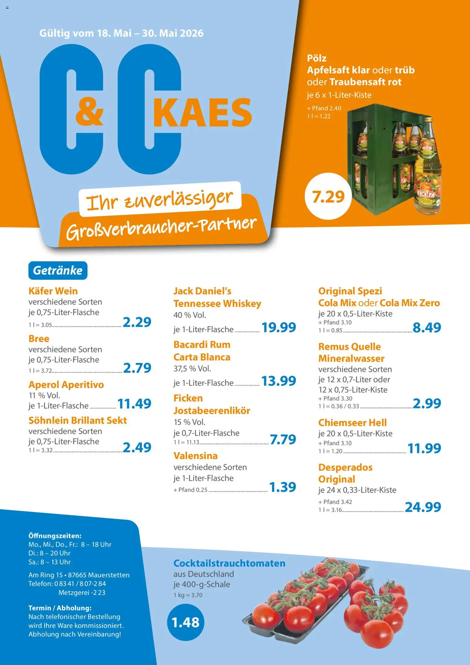 C&C Prospekt – gültig ab 18.05.2026 | Seite: 1 | Produkte: Sekt, Mineralwasser, Desperados, Telefon