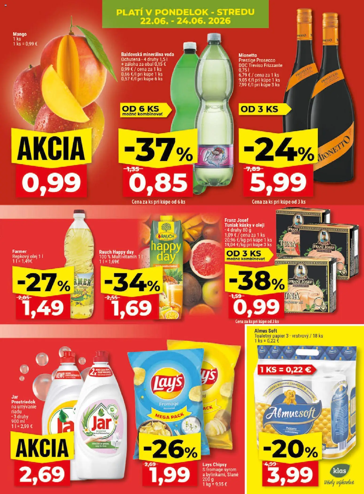 Nové Klas akcie – leták je platný od 22.06.2026 | Strana: 5 | Produkty: Olej, Chipsy, Minerálna voda, Mango