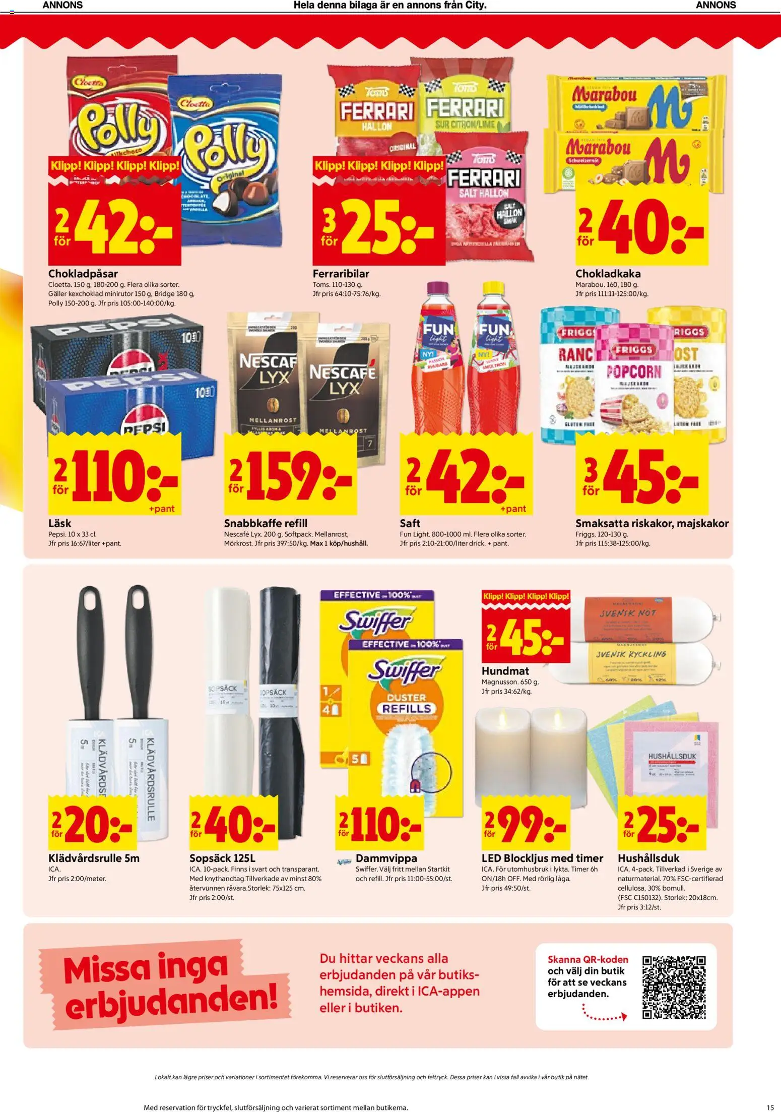 ICA Kvantum reklamblad aktuell från 12/10/2026 | Sida: 15 | Produkter: Chokladkaka, Pepsi, Kyckling, Hallon