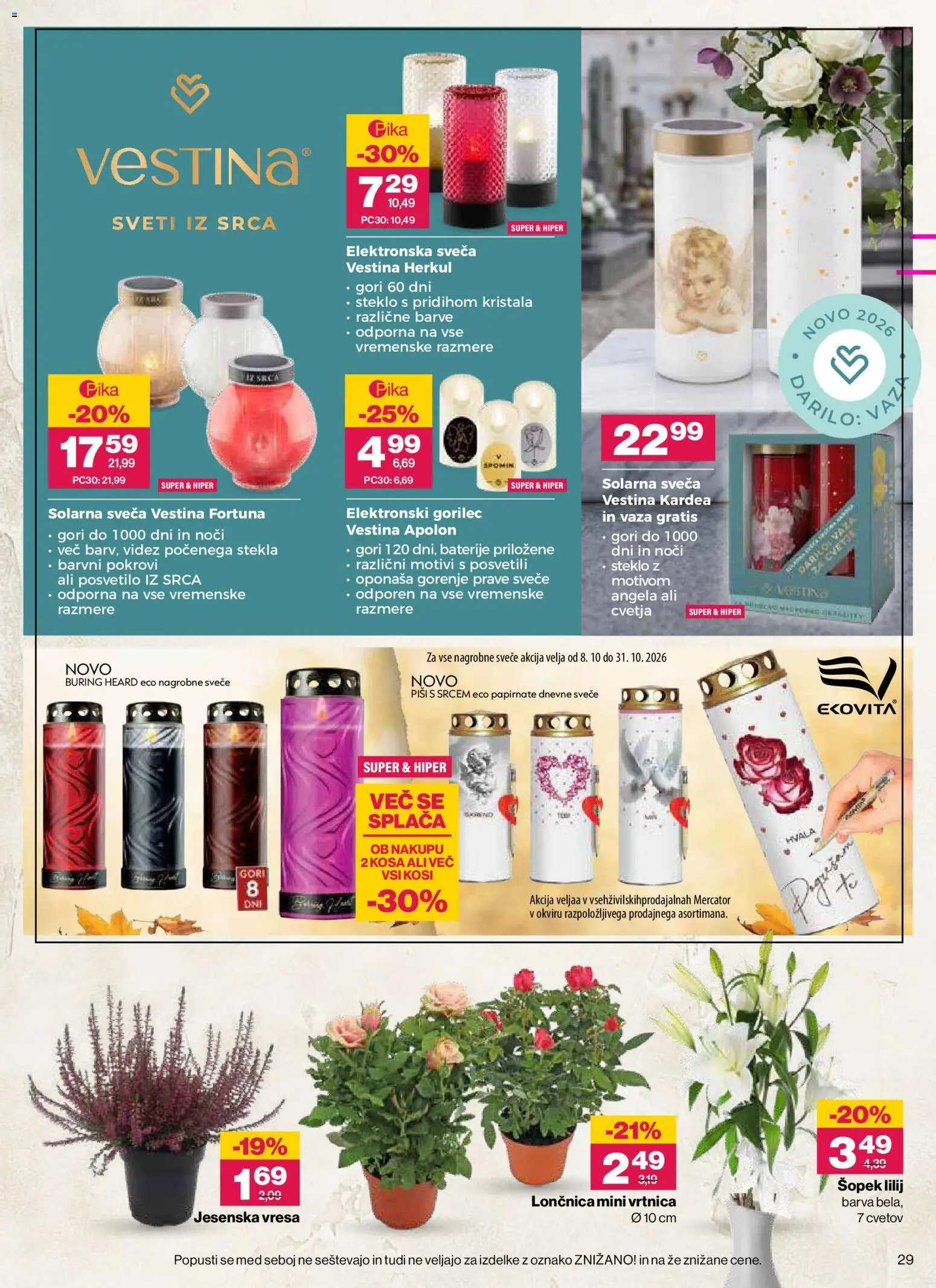 Novi Mercator katalog ponudbe – veljaven od 08.10.2026 | Stran: 29 | Izdelki: Nagrobne sveče, Vaza, Svece, Barva