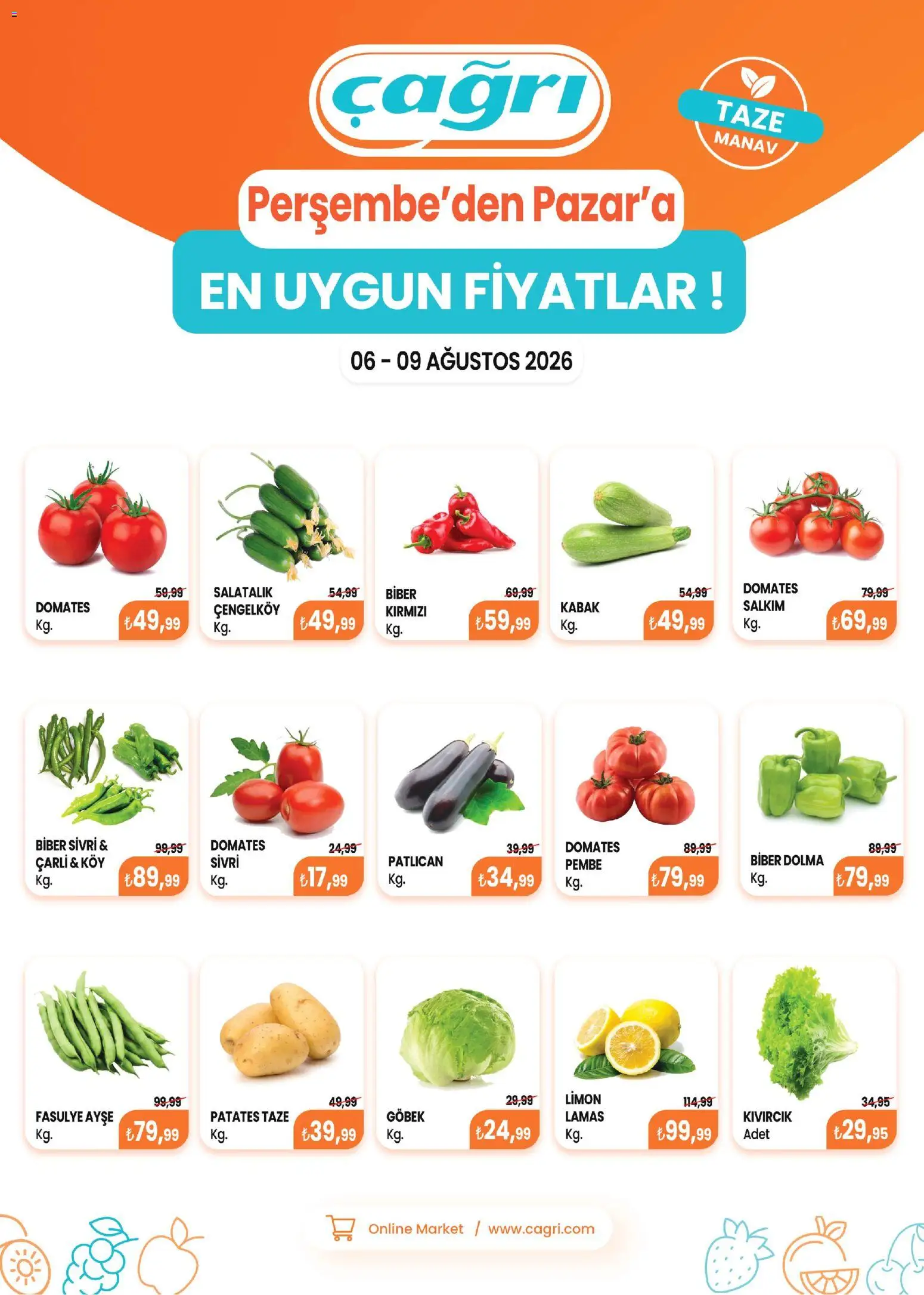 Çağrı Market - Manav Katalog - 06 Ağustos 2026 tarihinden itibaren geçerlidir | Sayfa: 2 | Ürünler: Fasulye, Kabak, Domates, Limon