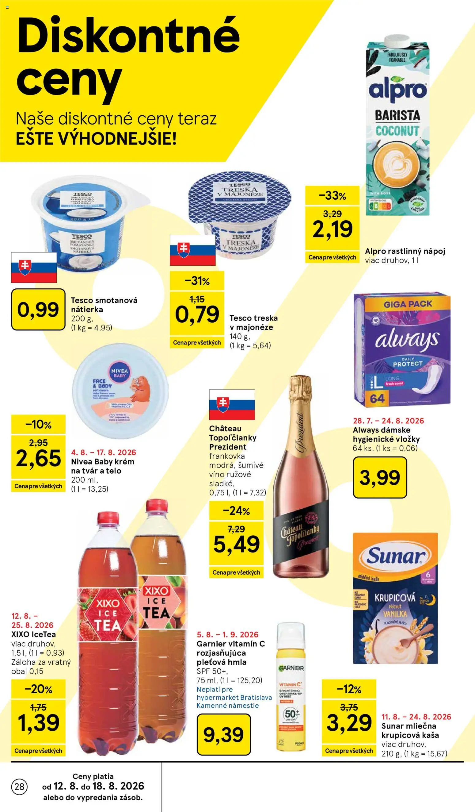 Nové Tesco akcie – leták je platný od 12.08.2026 | Strana: 28 | Produkty: Nátierka, Sunar, Krém, Kaša