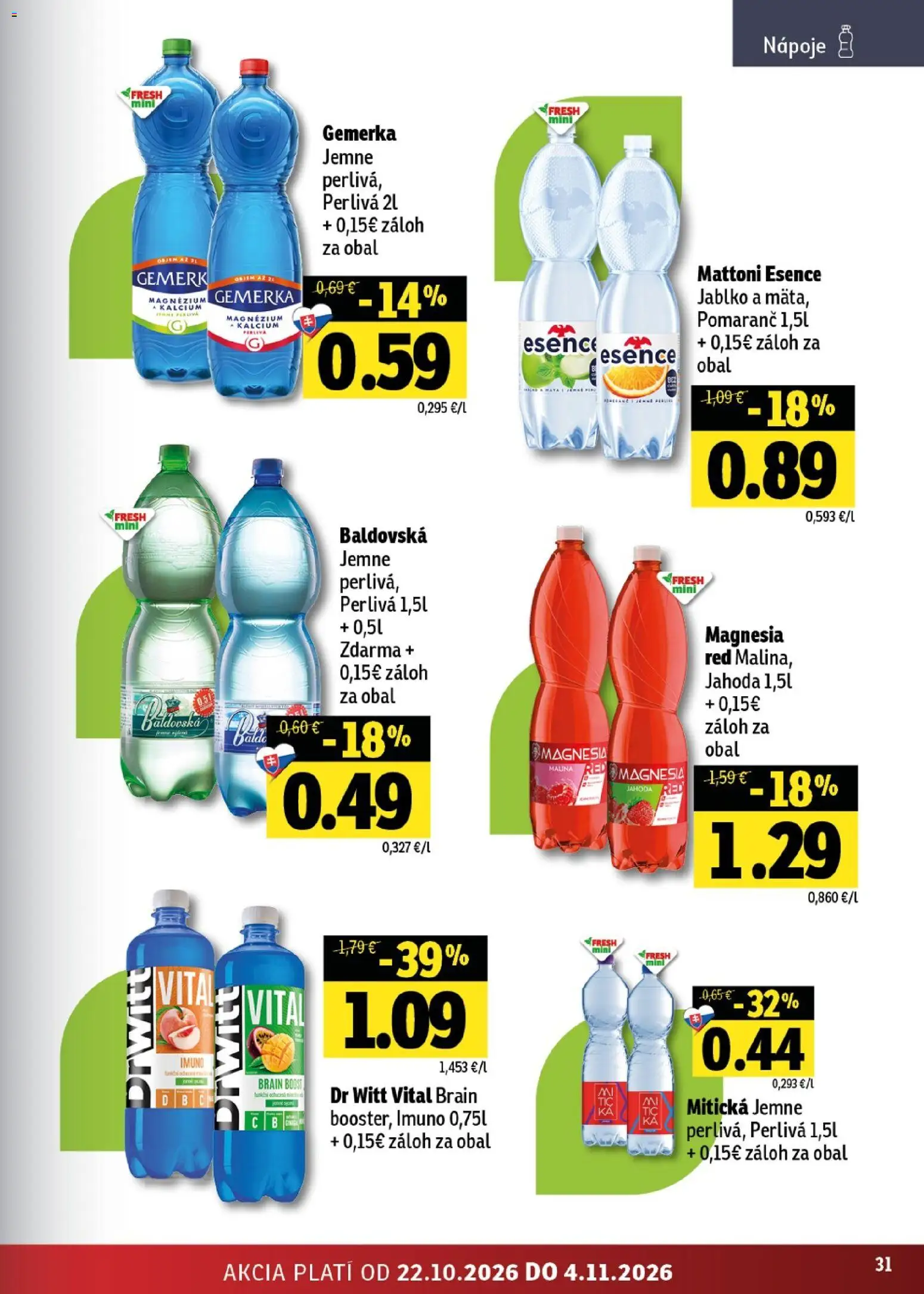 Nové Fresh akcie – leták je platný od 22.10.2026 | Strana: 31 | Produkty: Nápoje, Mattoni, Gemerka, Baldovská