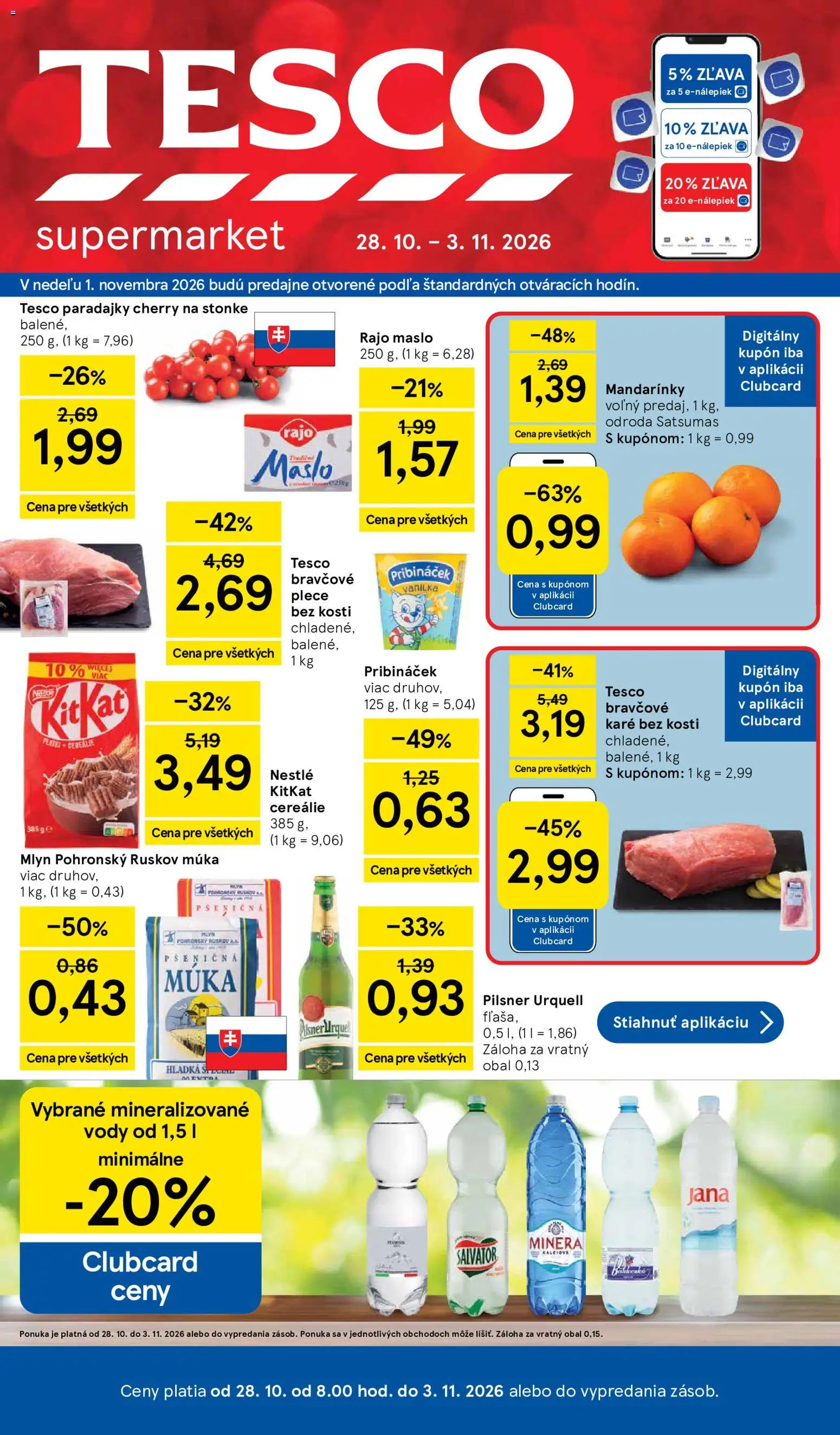 Nové Tesco akcie – leták je platný od 28.10.2026 | Strana: 1 | Produkty: Paradajky, Bravčové plece, Mandarinky, Múka