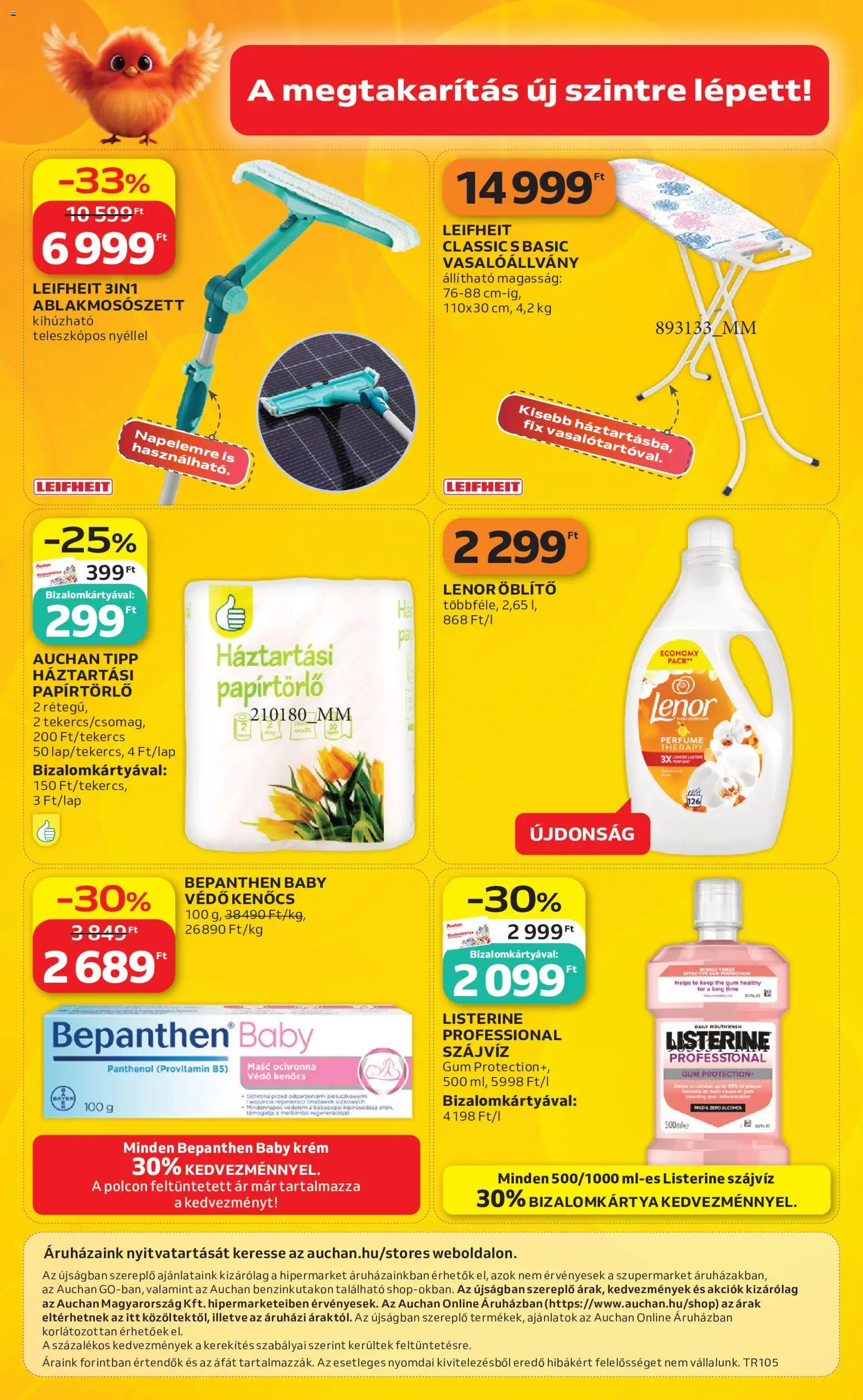 Auchan akciós ujság - amely érvényes a következő dátumtól: 04.05.2026 | Oldal: 20 | Termékek: Papírtörlő, Vasalóállvány, Öblítő, Szájvíz