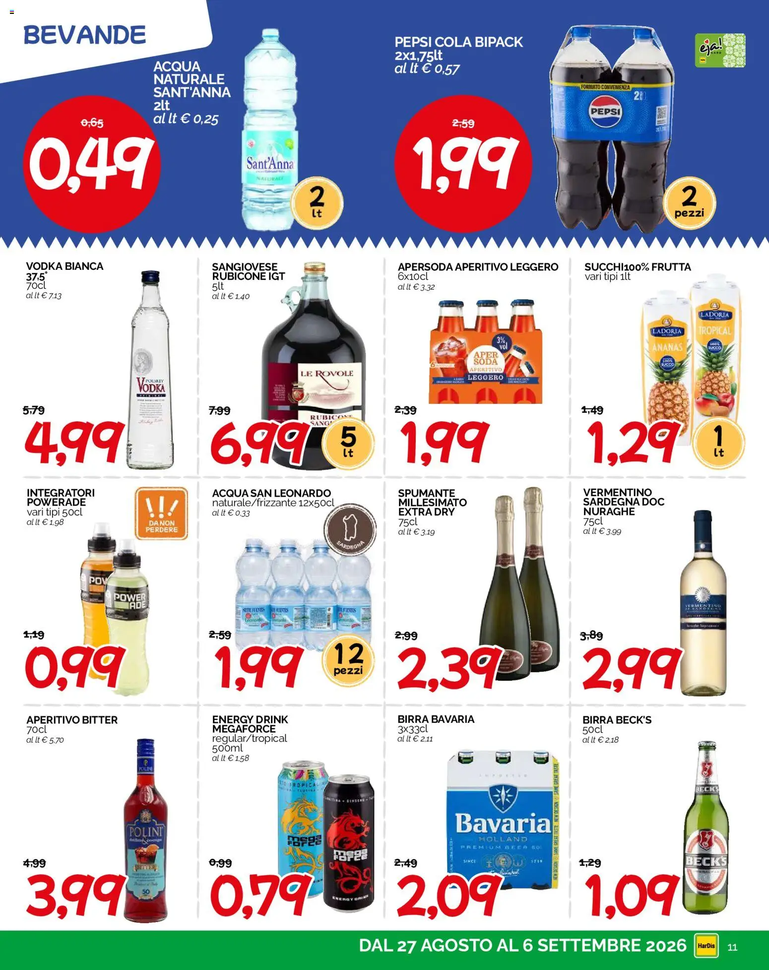 Volantino HarDis del 27/08/2026 | Pagina: 11 | Prodotti: Succo, Acqua, Ananas, Pepsi