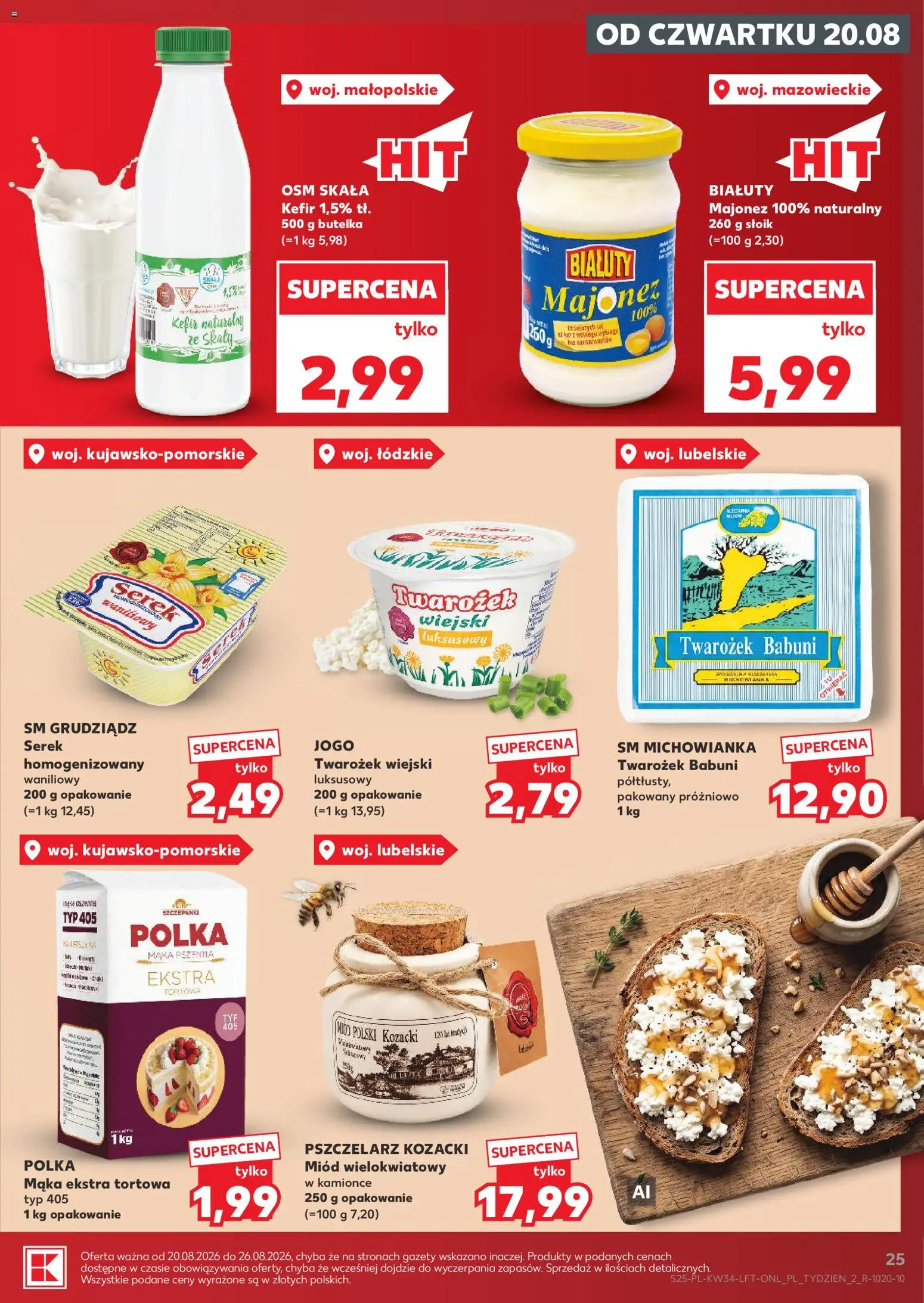 Kaufland gazetka od 20.08.2026 | Strona: 25 | Produkty: Miód, Kefir, Serek homogenizowany, Majonez