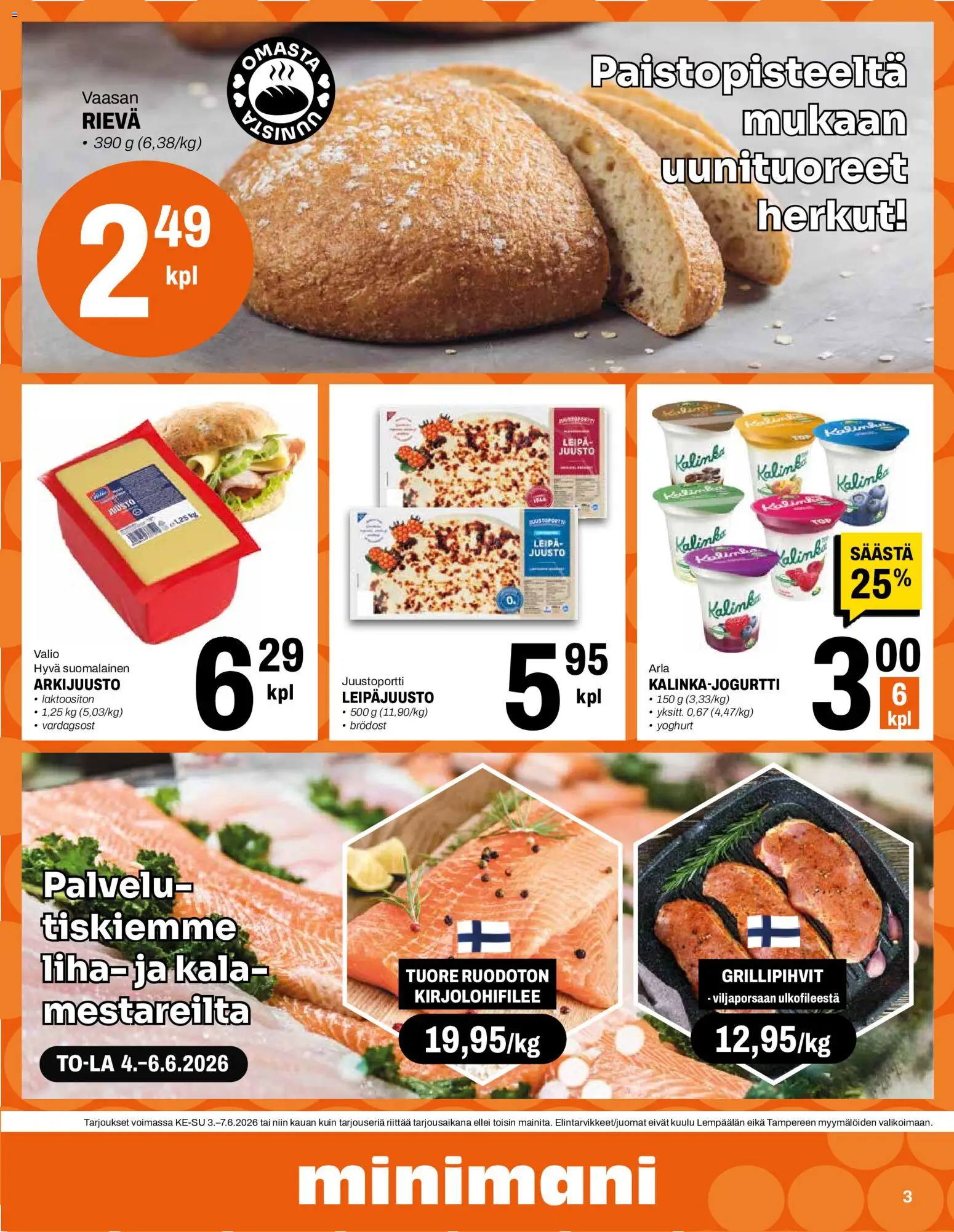 Minimani tarjoukset – voimassa 03.06.2026 alkaen | Sivu: 3 | Tuotteet: Juusto, Leipä, Kala
