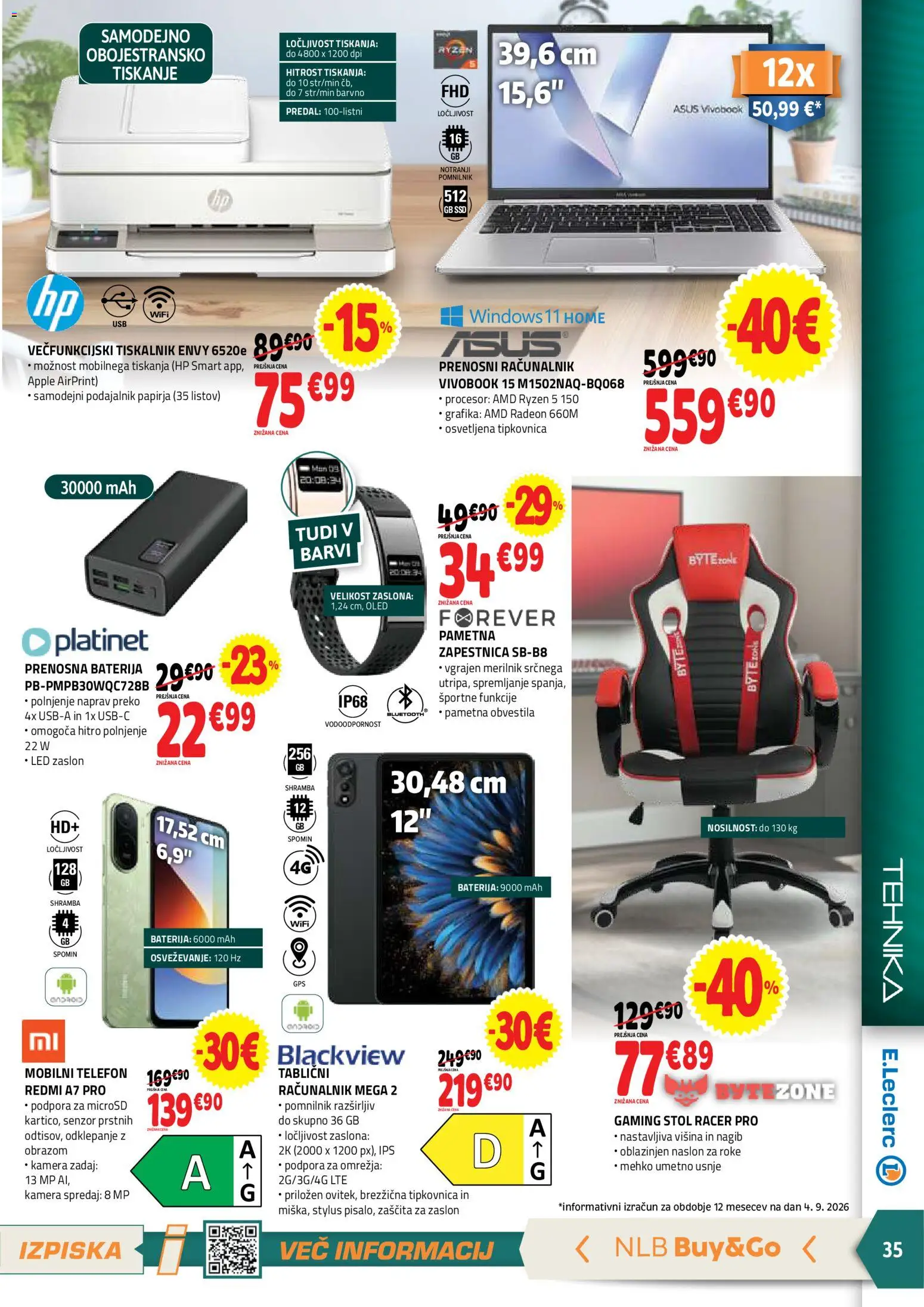 Novi E.leclerc katalog ponudbe – veljaven od 16.09.2026 | Stran: 35 | Izdelki: Baterija, Racunalnik, Zapestnica, Stol