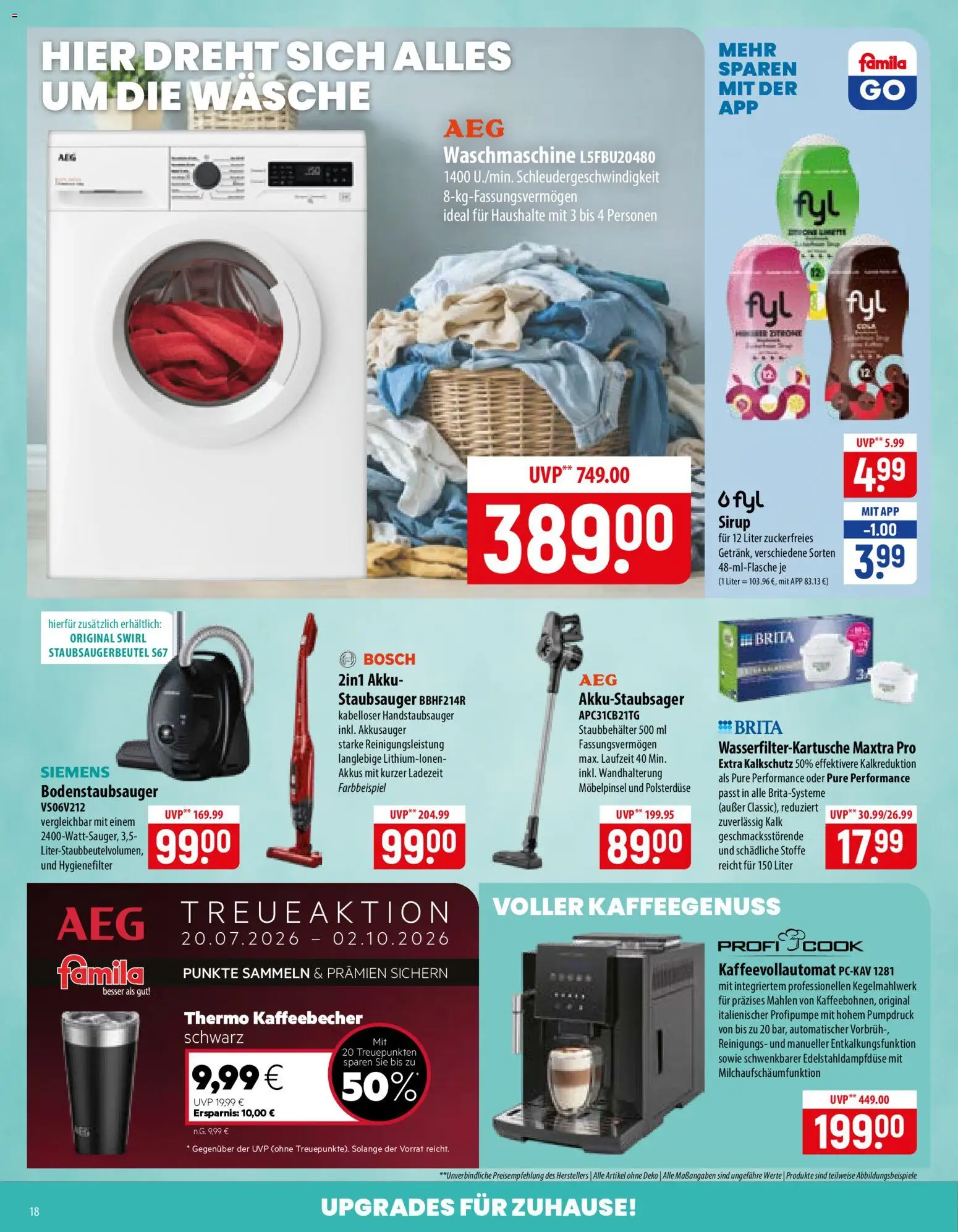 Famila Prospekt – gültig ab 10.08.2026 | Seite: 18 | Produkte: Siemens, Staubsauger, Waschmaschine, Kaffeevollautomat