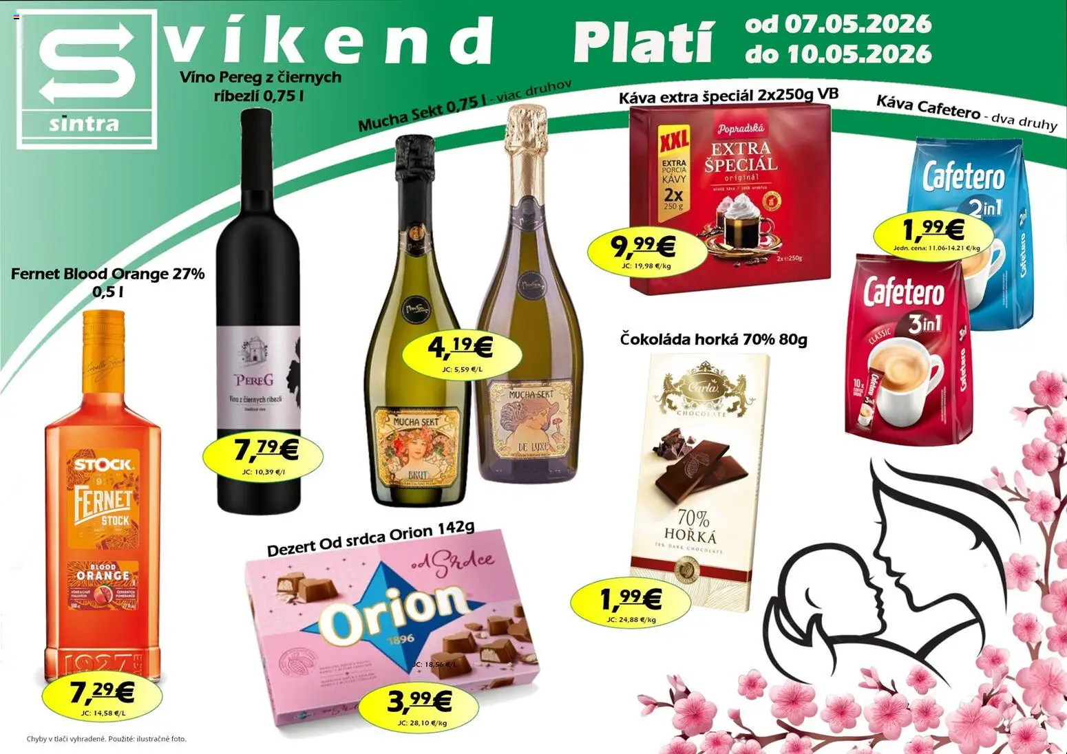 Nové Sintra akcie – leták je platný od 07.05.2026 | Strana: 1 | Produkty: Káva, Víno, Čokoláda, Fernet Stock