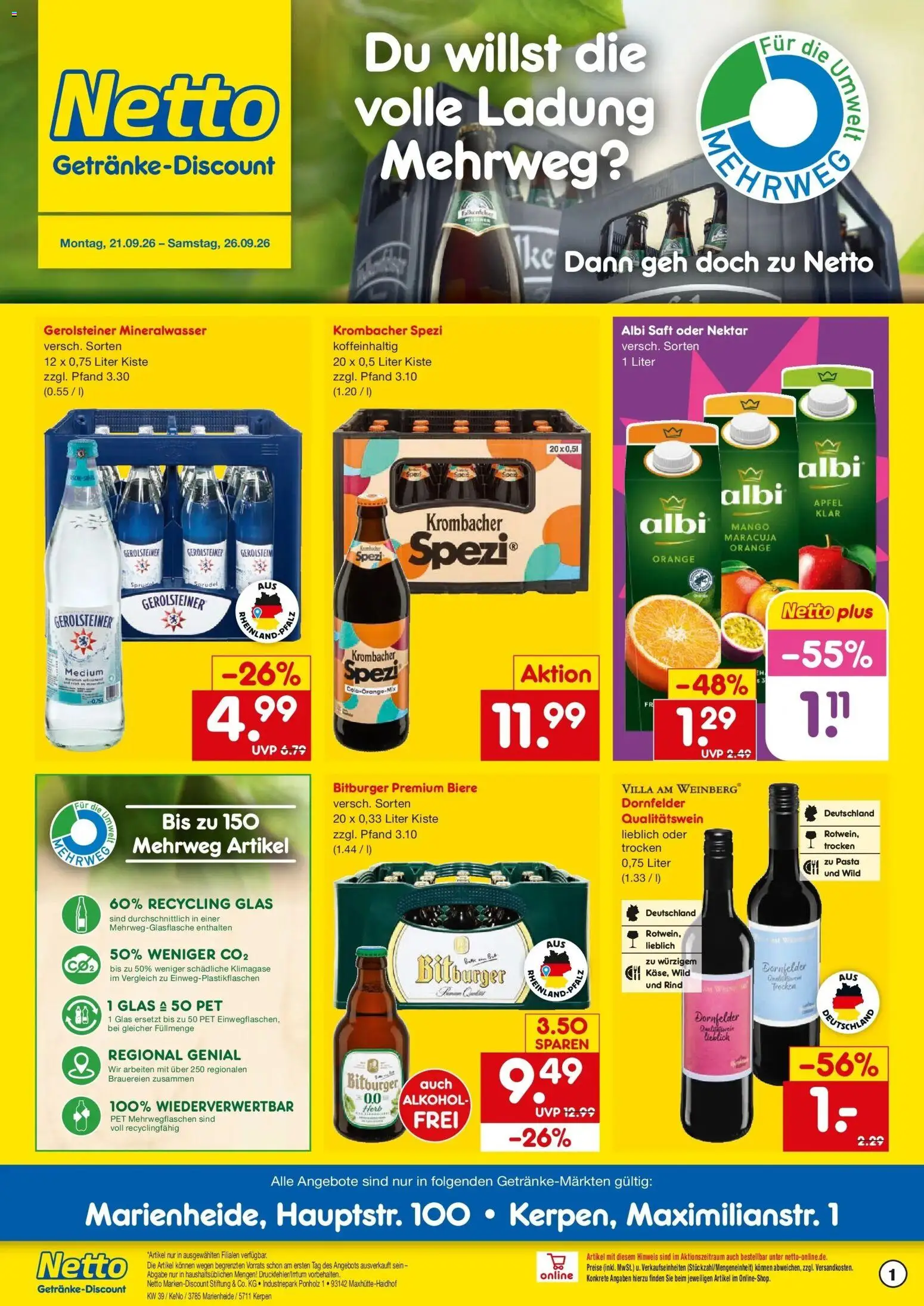 Netto Marken-Discount Prospekt Kerpen – gültig ab 21.09.2026 | Seite: 1 | Produkte: Mineralwasser, Alkohol, Krombacher, Pasta