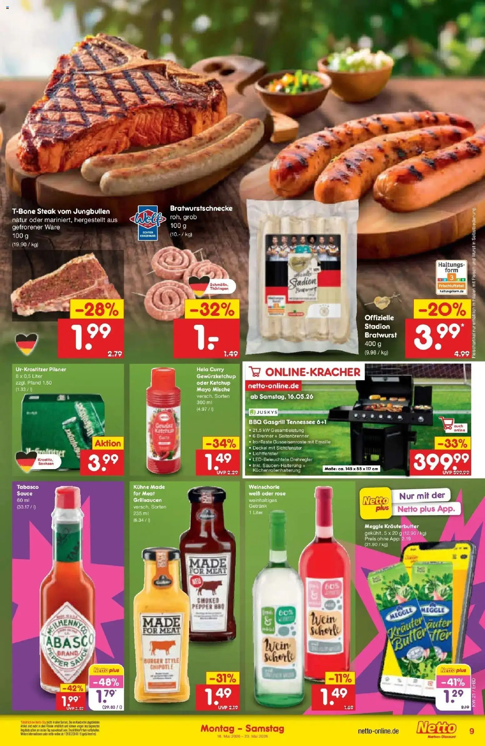 Netto Marken-Discount Prospekt Jena-Lobeda – gültig ab 17.05.2026 | Seite: 9 | Produkte: Burger, Weinschorle, Steak, Fleisch