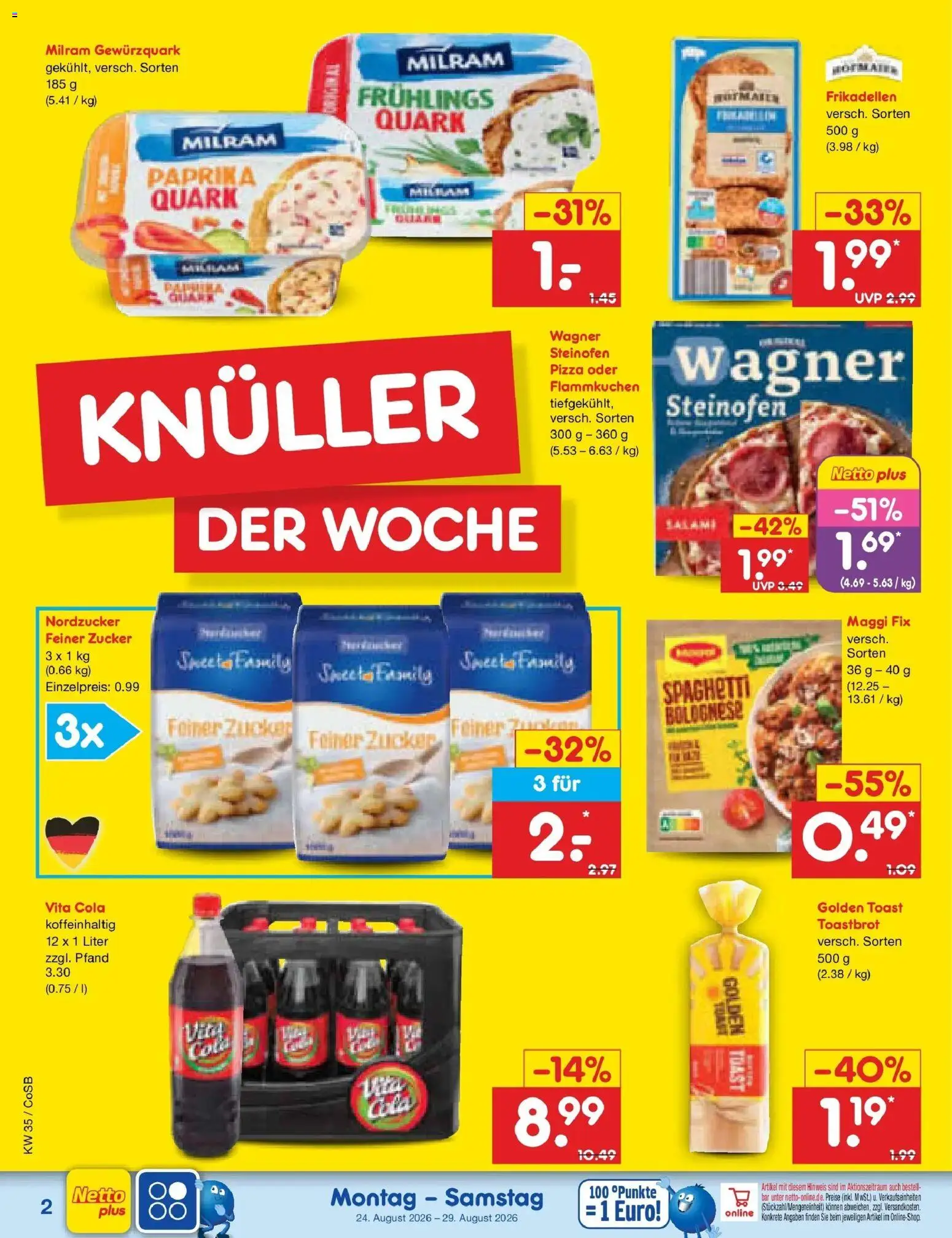 Netto Marken-Discount Prospekt Leipzig (ab 24.08.2026) » Angebote | Seite: 2 | Produkte: Quark, Spaghetti, Toastbrot, Pizza
