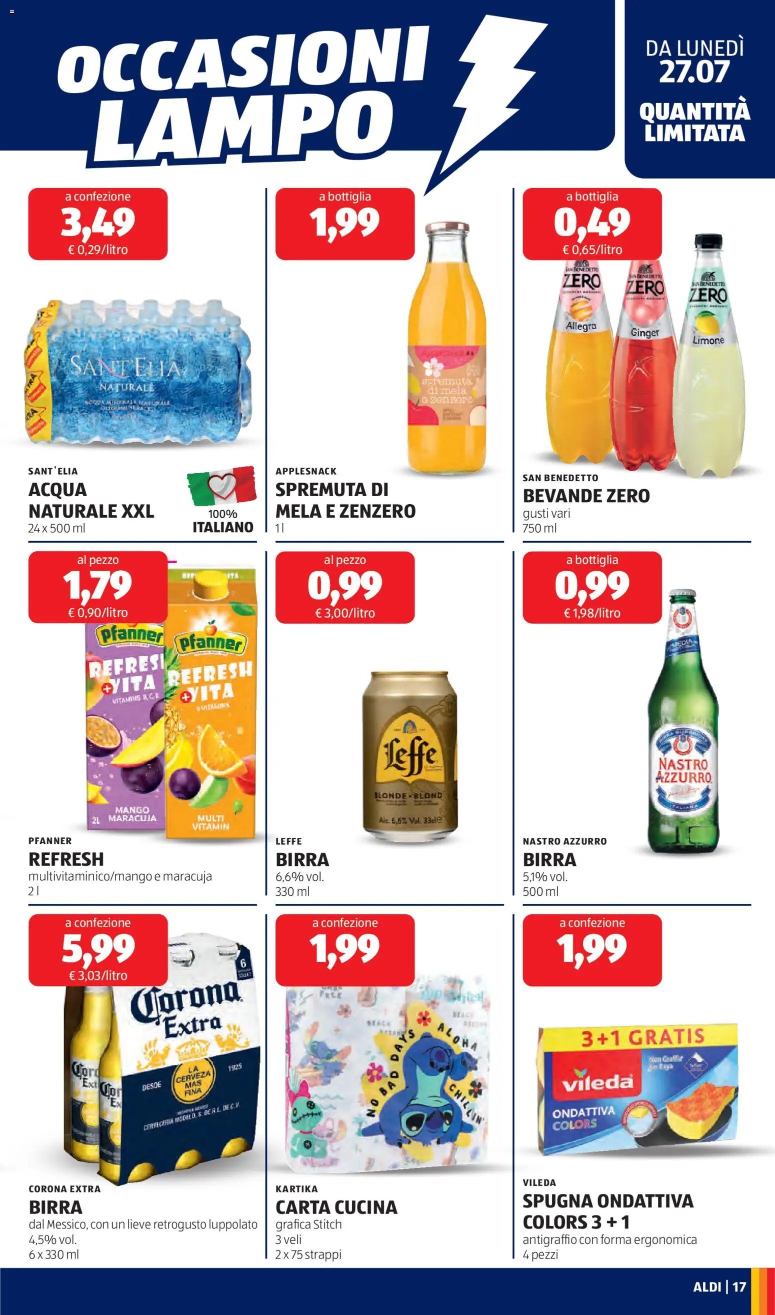 Volantino Aldi del 27/07/2026 | Pagina: 17 | Prodotti: Spugna, Birra, Acqua, Limone