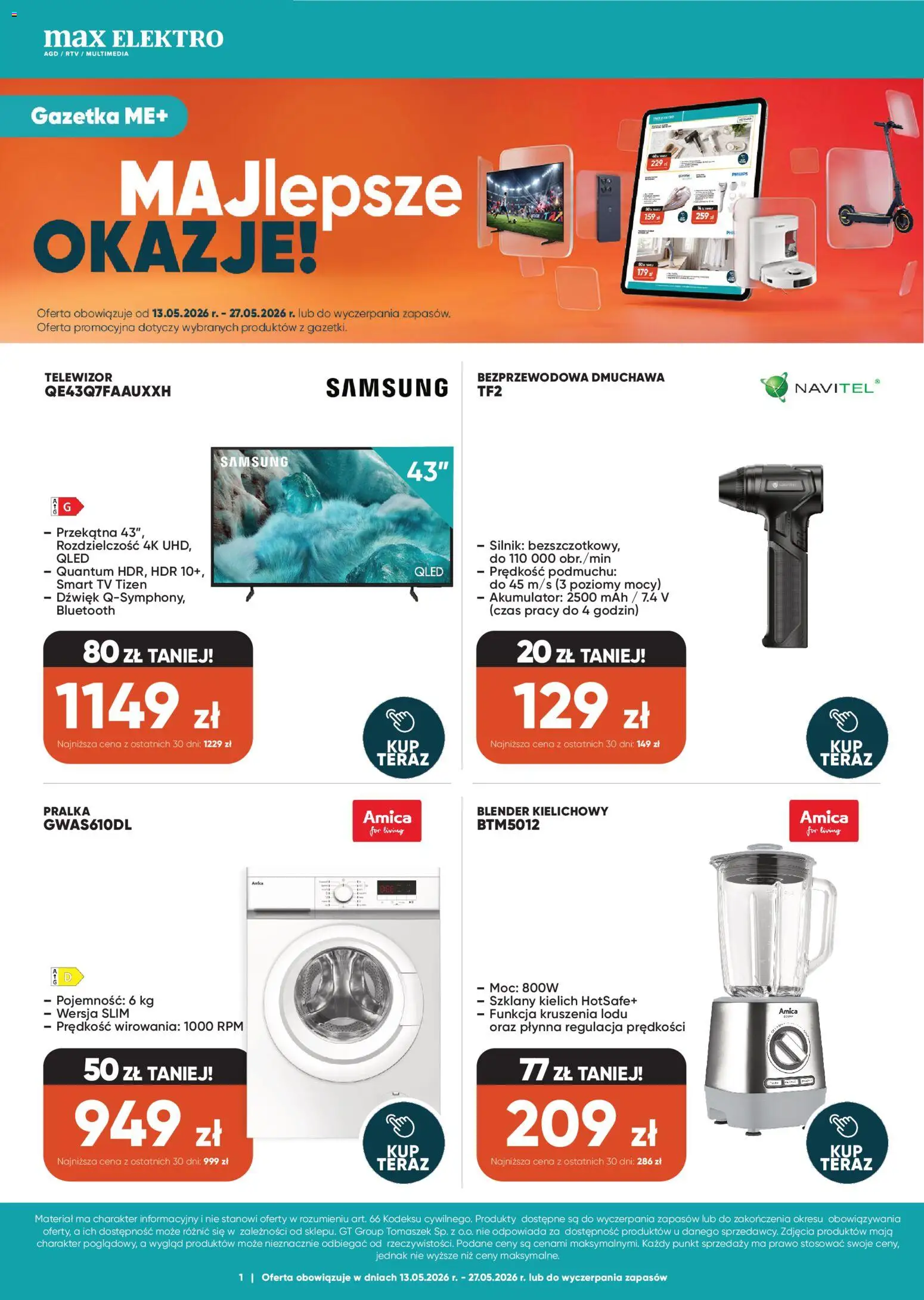 Max elektro gazetka od 13.05.2026 | Strona: 1 | Produkty: Telewizor, Pralka, Blender, Blender kielichowy