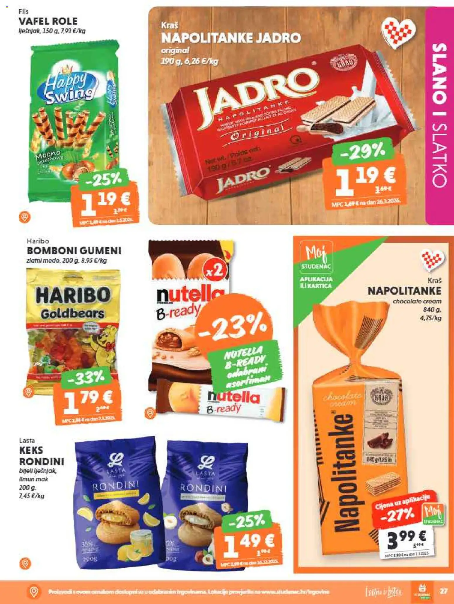 Studenac katalog | vrijedi od 10.06.2026 | Stranica: 27 | Proizvodi: Role, Bomboni, Keks, Napolitanke