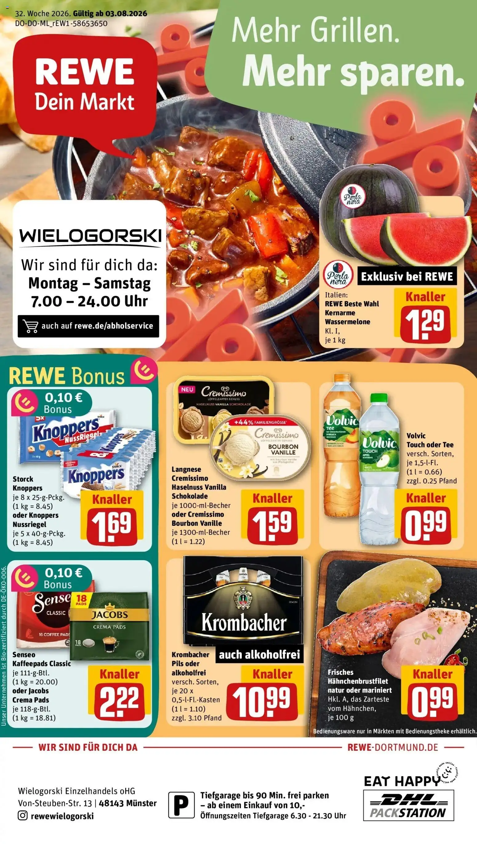 REWE Prospekt ab 03.08.2026 zum Blättern » Angebote | Seite: 1 | Produkte: Langnese, Cremissimo, Schokolade, Volvic