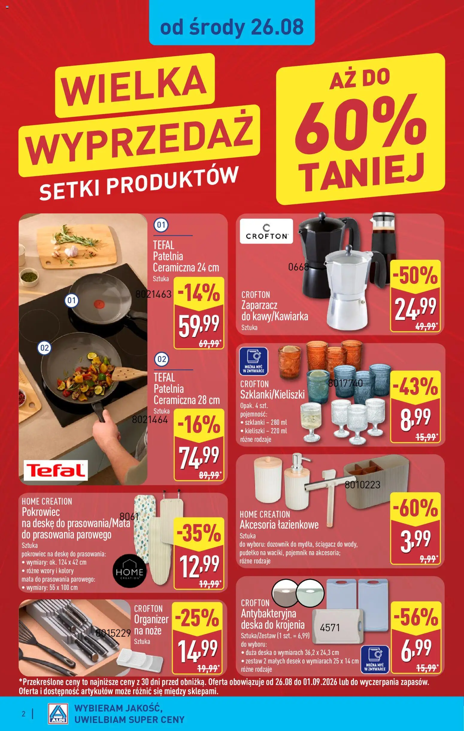 Aldi gazetka - Hity od Środy i od Soboty od 26.08.2026 | Strona: 2 | Produkty: Noże, Kieliszki, Pokrowiec na deskę do prasowania, Pudełko