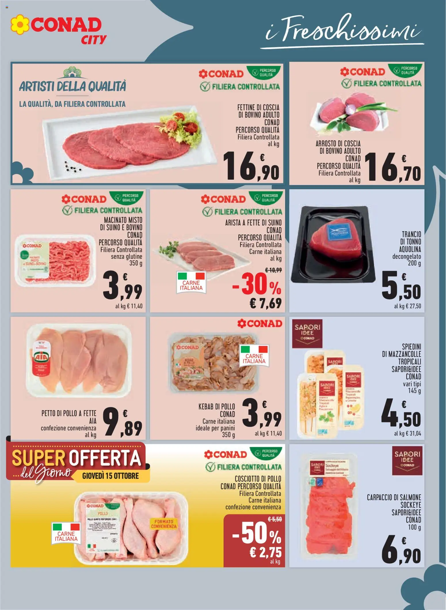 Volantino Conad del 08/10/2026 | Pagina: 7 | Prodotti: Bovino, Arrosto, Salmone, Mazzancolle