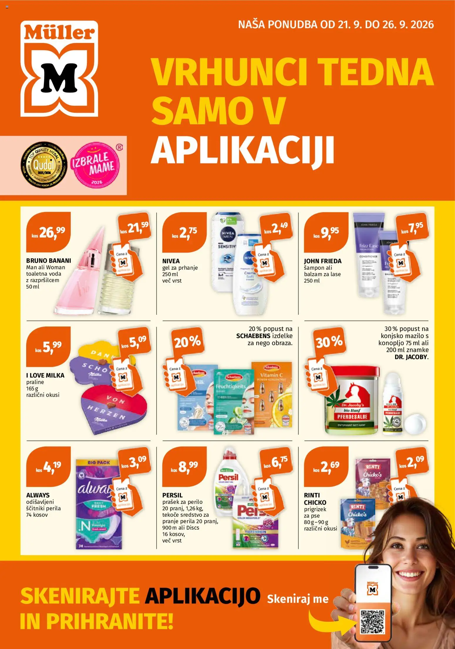 Novi Müller katalog ponudbe – veljaven od 21.09.2026 | Stran: 1 | Izdelki: Kos, Balzam za lase, Ščitniki, Toaletna voda
