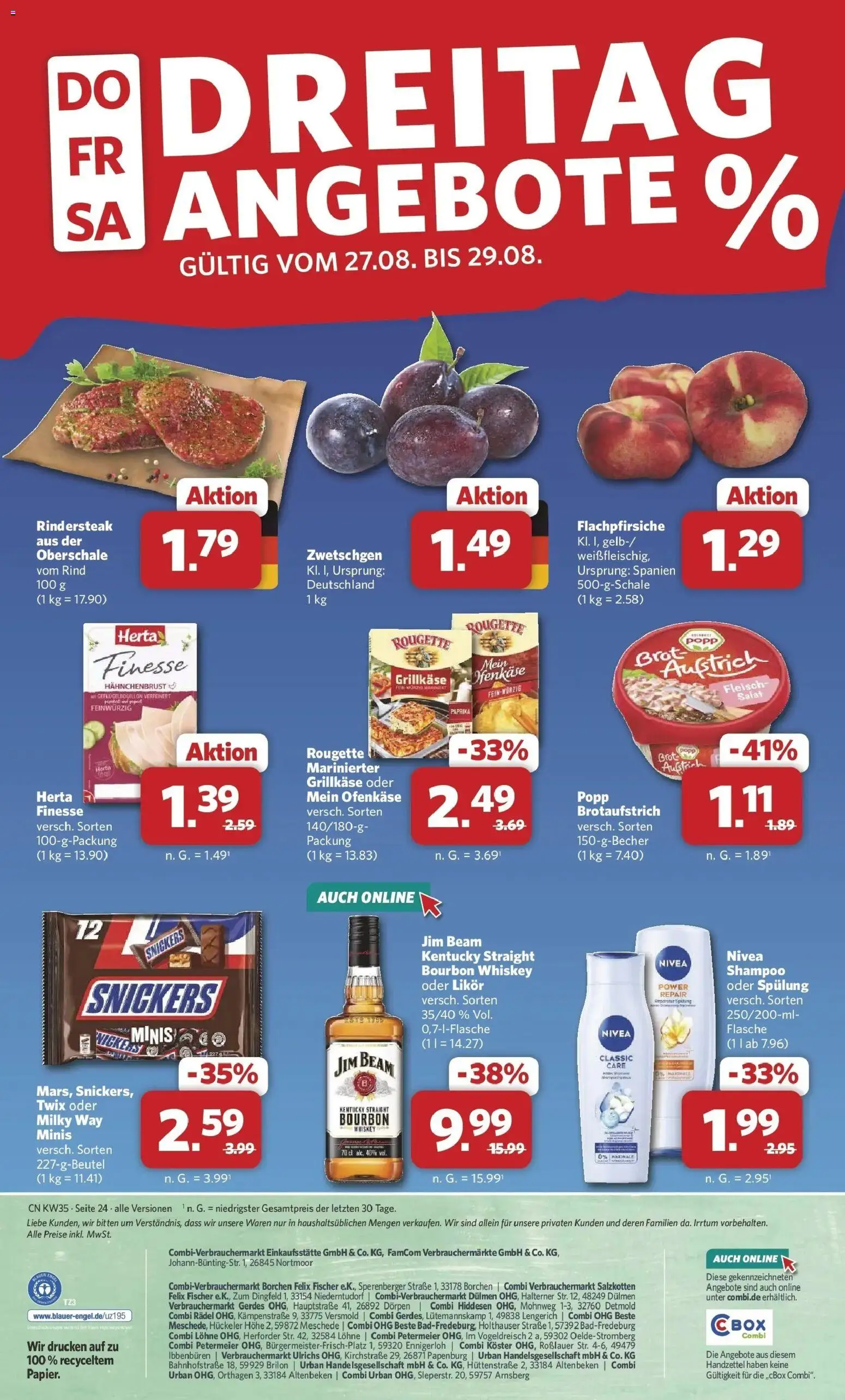 Combi Prospekt Celle (ab 24.08.2026) zum Blättern | Seite: 30 | Produkte: Snickers, Whiskey, Salat, Hahnchenbrust