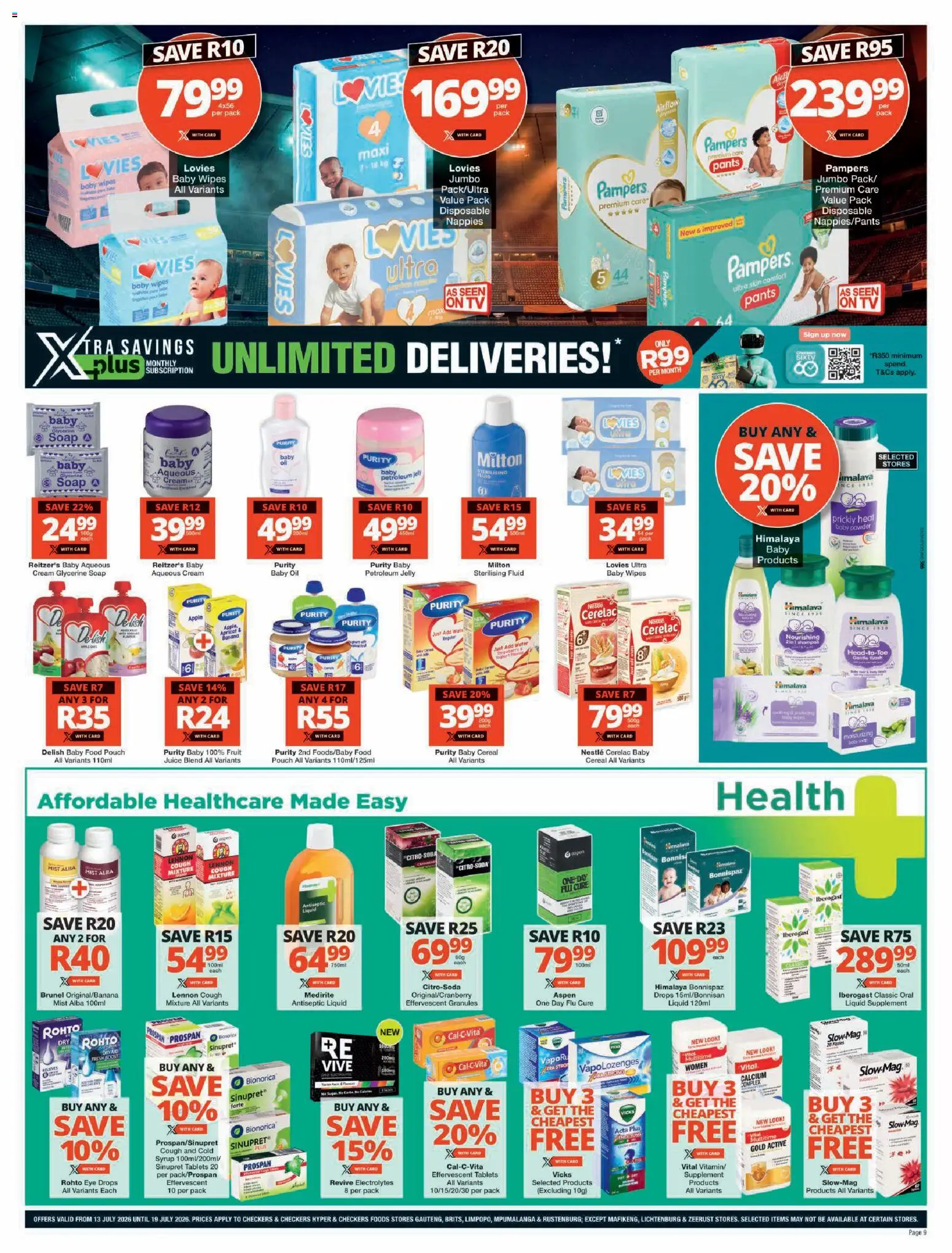 New Checkers catalogue – valid from 13/07/2026 | Page: 9 | Products: Pants, Juice, Fruit, Nappies