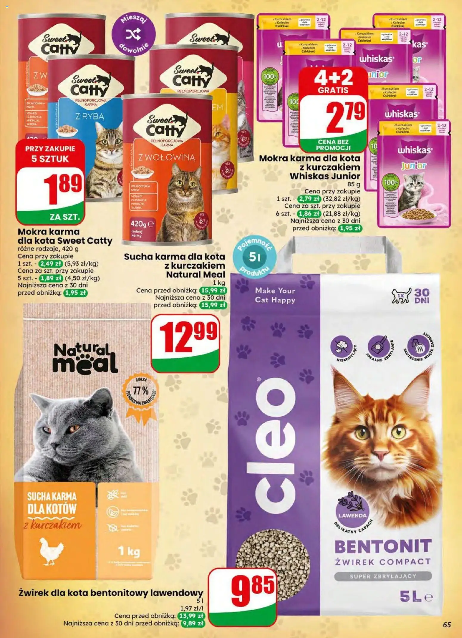 Dino gazetka od 19.08.2026 | Strona: 65 | Produkty: Suchą karma dla kota, Whiskas, Żwirek dla kota bentonitowy, Ryba
