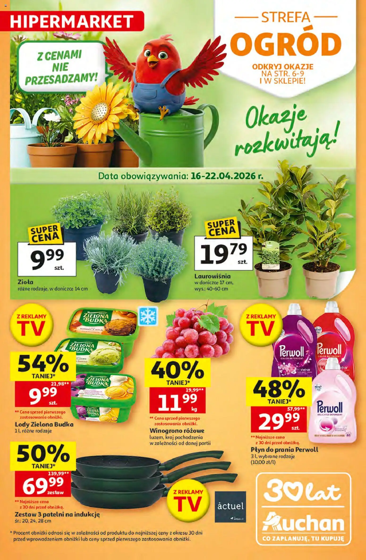Auchan gazetka - 30 Lat Hipermarket od 16.04.2026 | Strona: 1 | Produkty: Płyn do prania Perwoll, Winogrono, Lody, Detergent