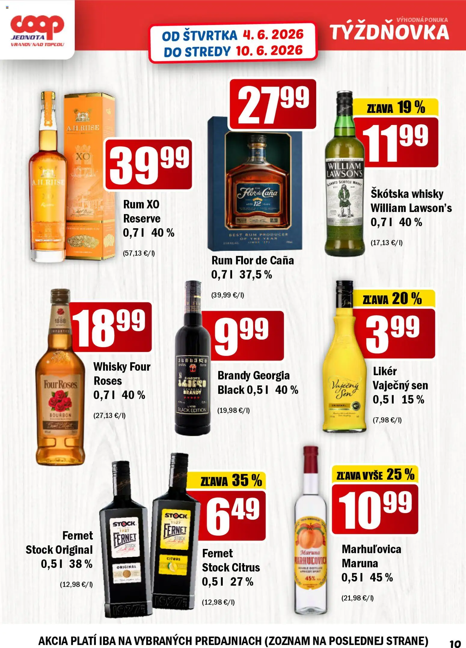 Nové COOP Jednota akcie – leták je platný od 04.06.2026 | Strana: 10 | Produkty: Bourbon, Whisky, Fernet, Fernet Stock