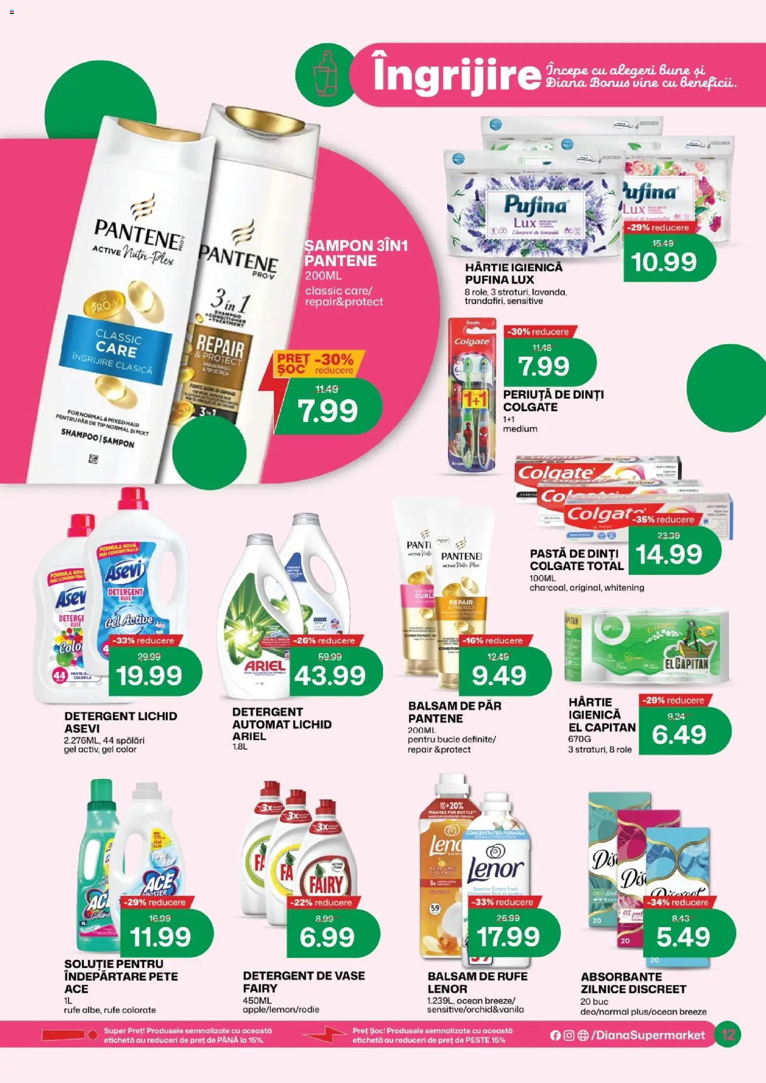 Noul catalog Diana – valabil de la 01.05.2026 | Pagină: 12 | Produse: Balsam, Pastă de dinți, Pește, Absorbante