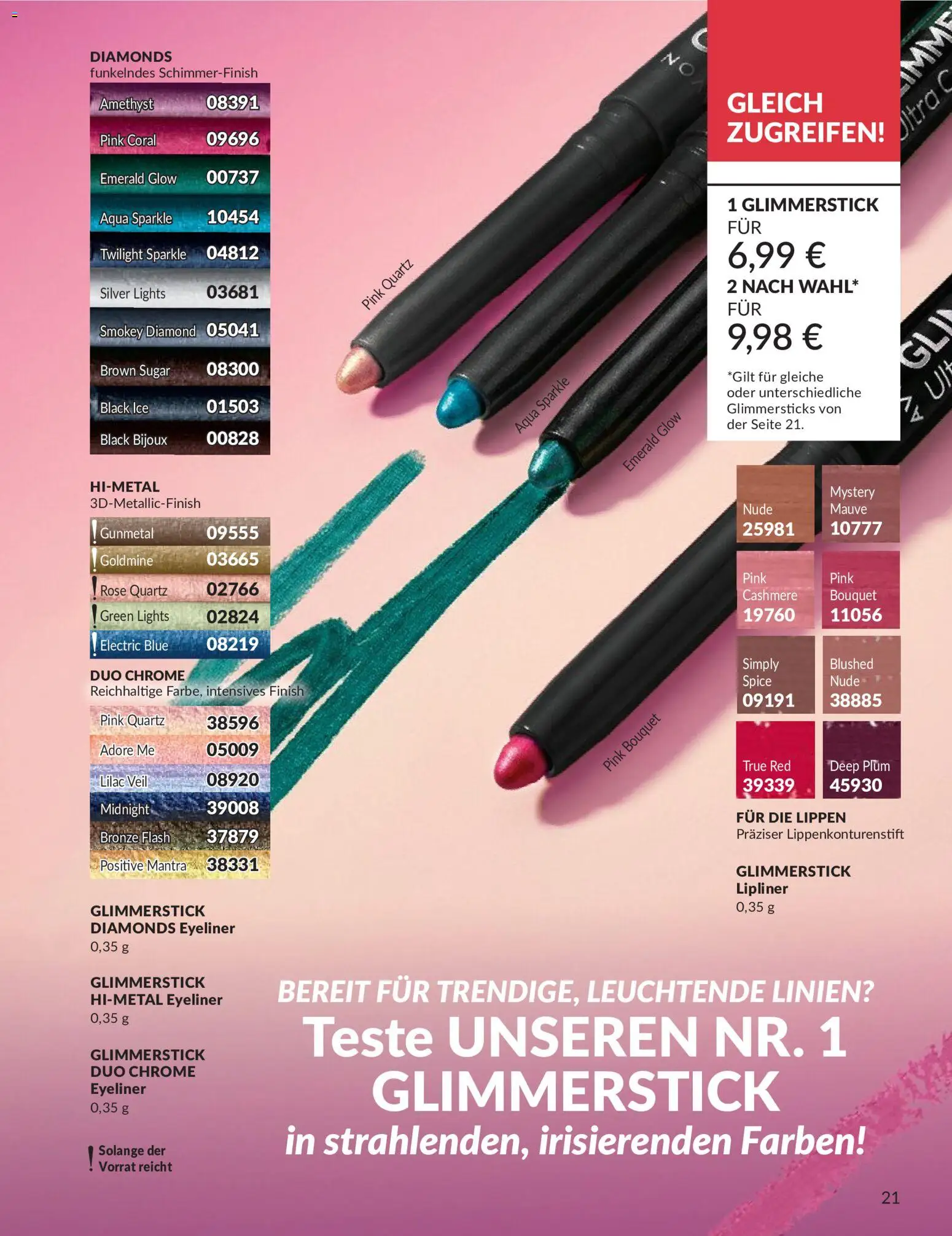 AVON Katalog Juni 2026 – gültig ab 01.06.2026 | Seite: 21 | Produkte: Coral, Eyeliner, Finish, Lippenkonturenstift