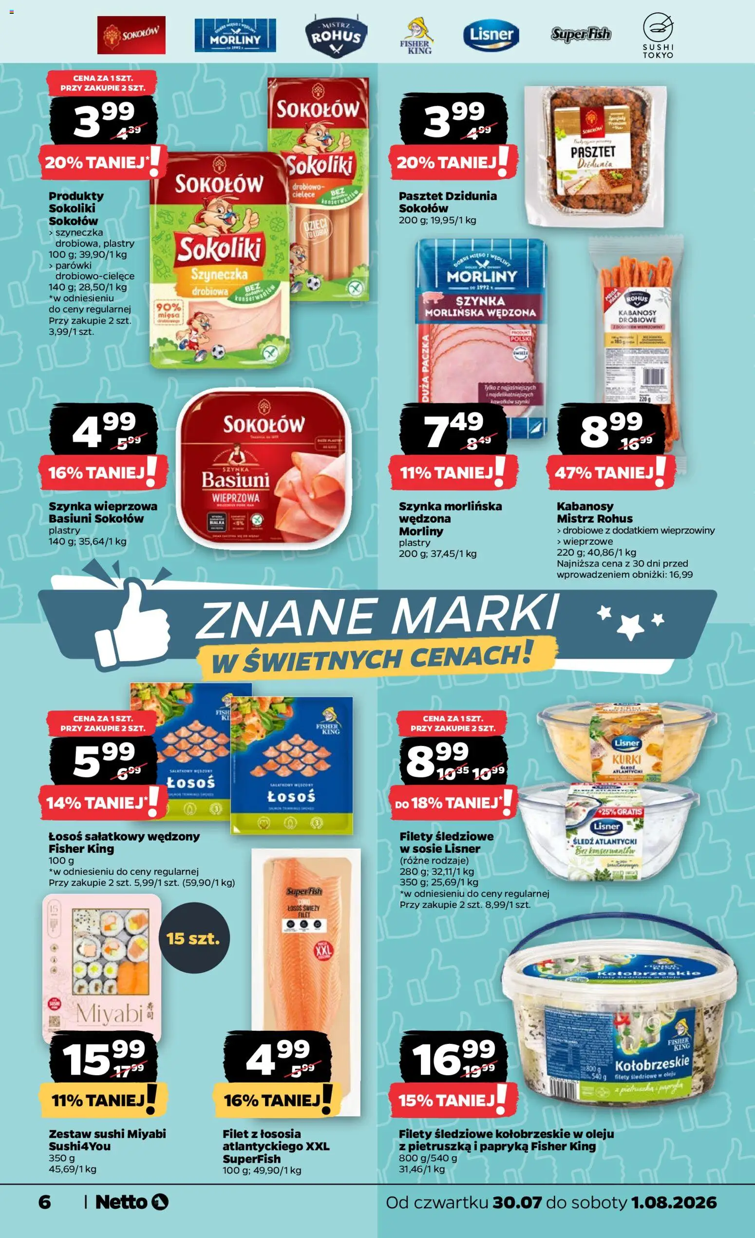 Netto gazetka od czwartku od 30.07.2026 | Strona: 6 | Produkty: Szynka wieprzowa, Kabanosy, Łosoś, Papryka