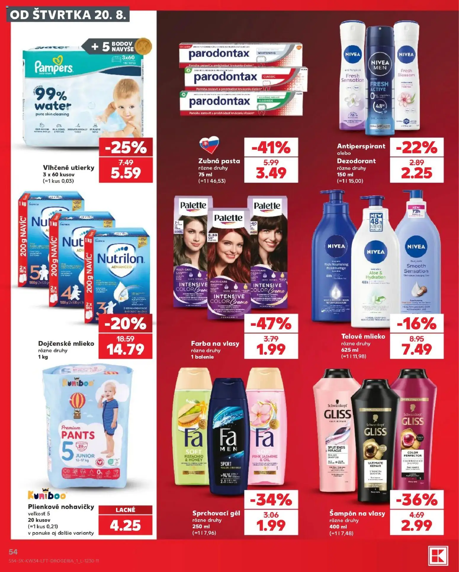 Nové Kaufland akcie – leták je platný od 20.08.2026 | Strana: 54 | Produkty: Farba na vlasy, Nohavičky, Utierky, Pampers