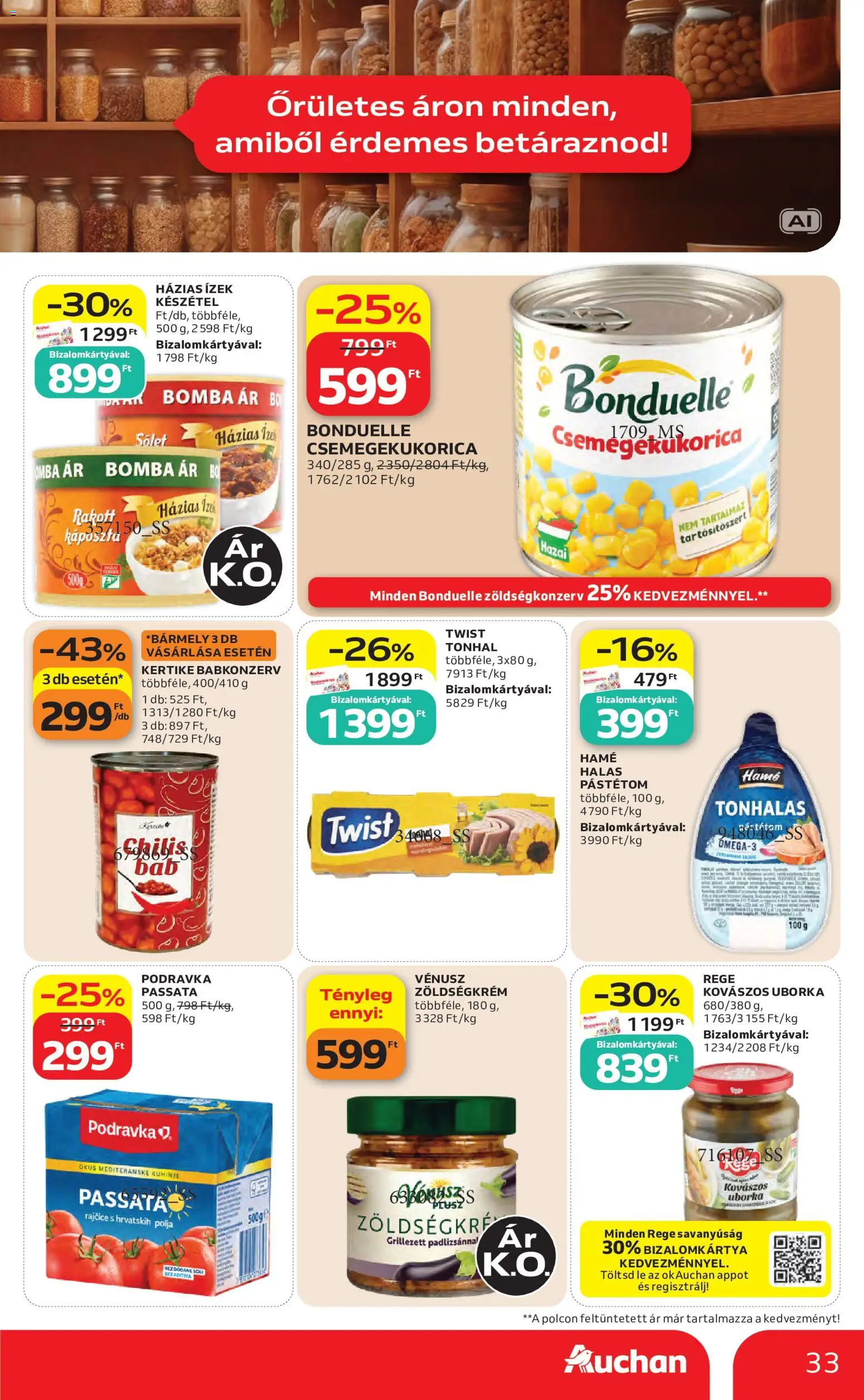 Auchan akciós ujság - amely érvényes a következő dátumtól: 2026.08.27. | Oldal: 33 | Termékek: Uborka, Savanyúság, Bonduelle, Hamé
