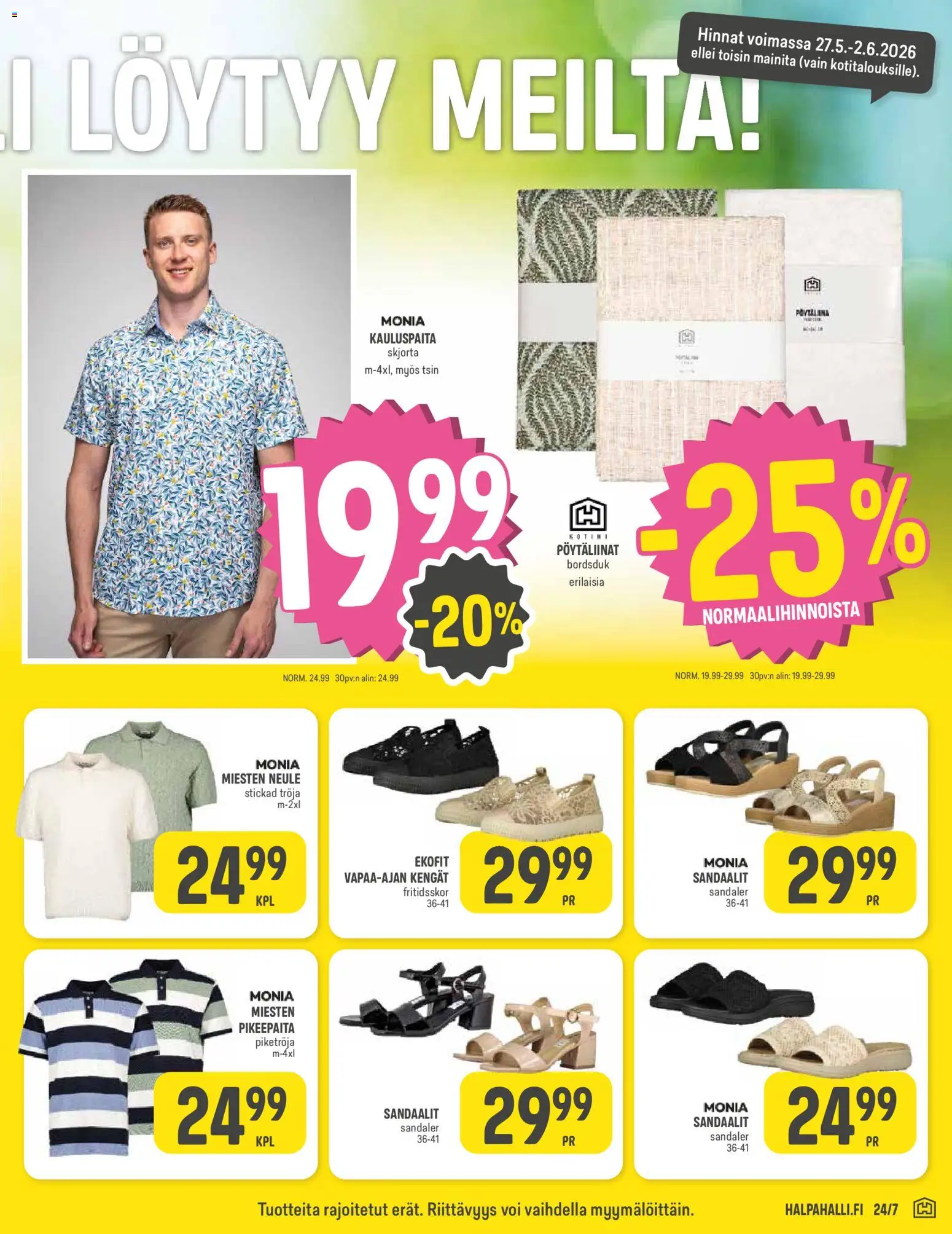 Halpa Halli tarjoukset – voimassa 27.05.2026 alkaen | Sivu: 15 | Tuotteet: Kauluspaita, Voi, Sandaalit, Neule