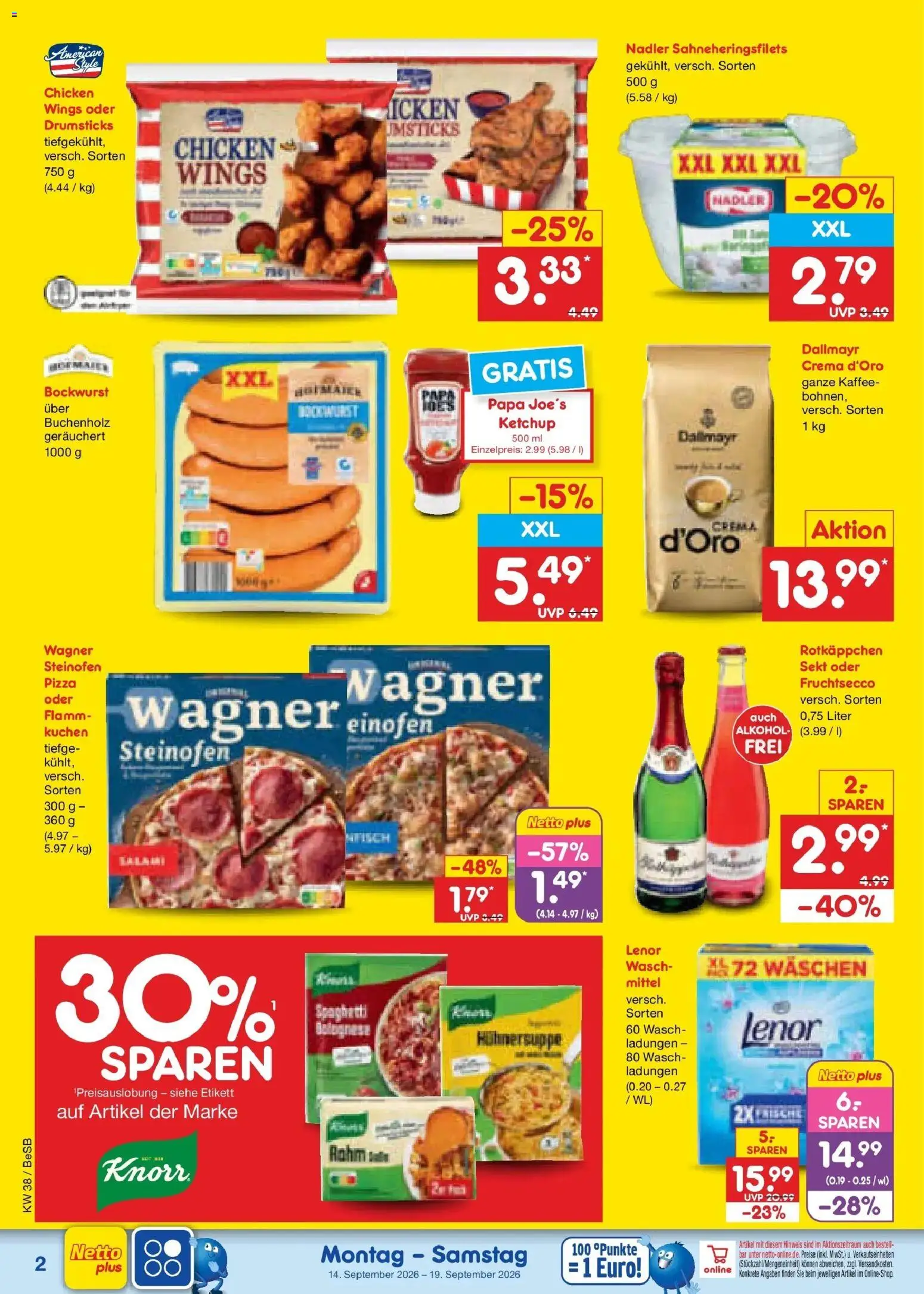 Netto Marken-Discount Prospekt Berlin-Prenzlauer Berg – gültig ab 14.09.2026 | Seite: 2 | Produkte: Bockwurst, Spaghetti, Dallmayr, Rotkäppchen